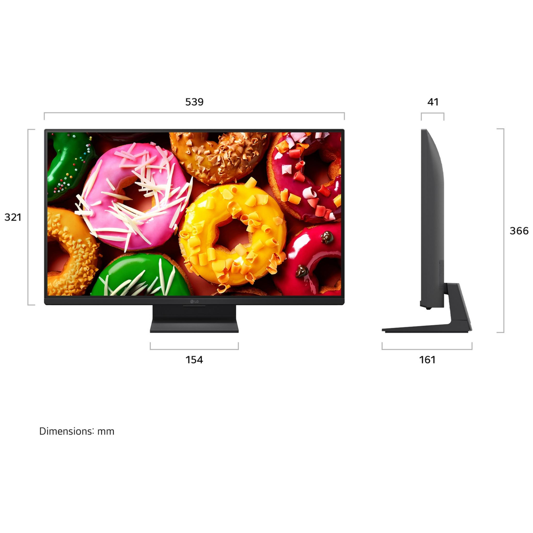 Diagrama que muestra las dimensiones del monitor en milímetros con varias rosquillas coloridas.