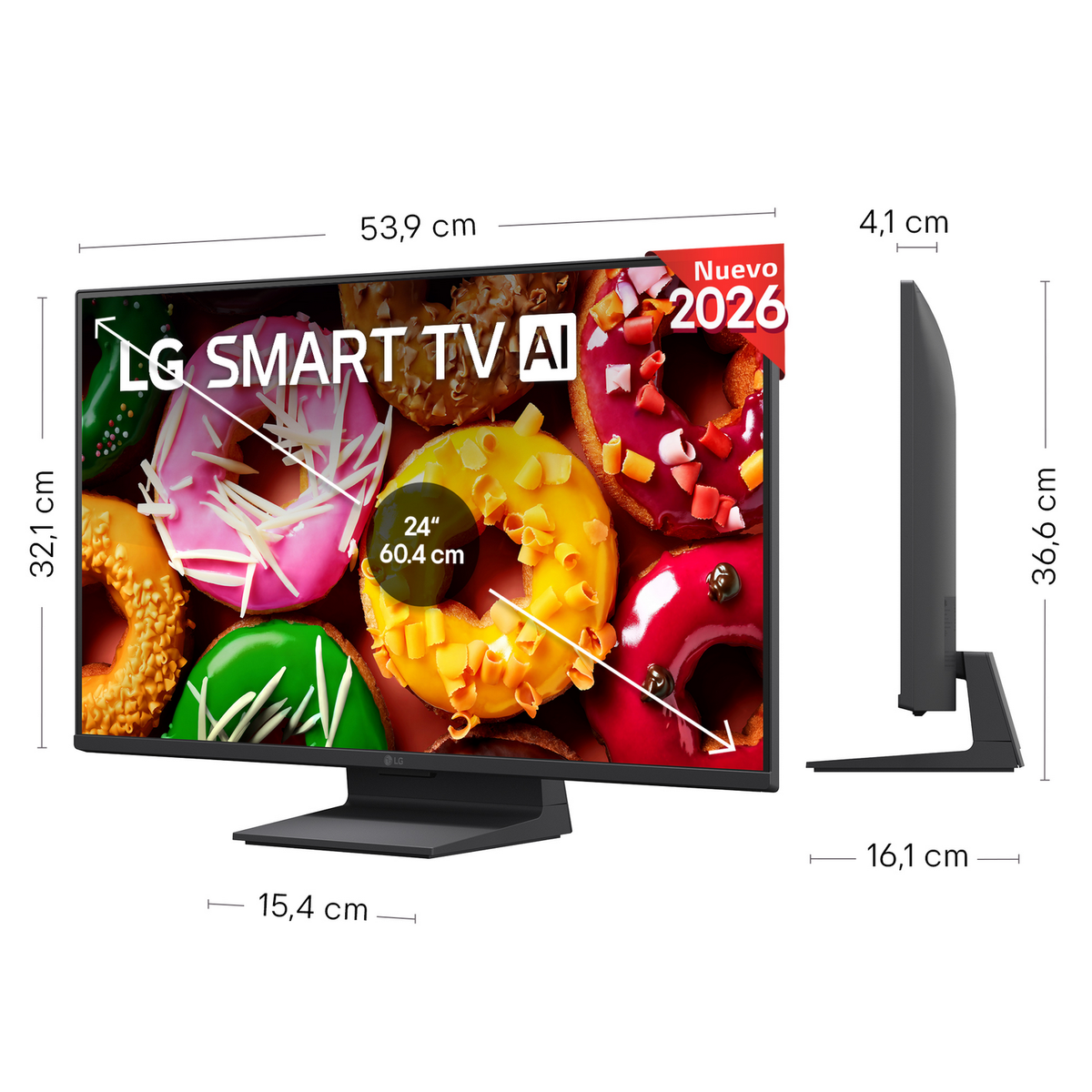 Diagrama que muestra las dimensiones de un LG Smart TV AI con donuts de fondo y vista lateral.