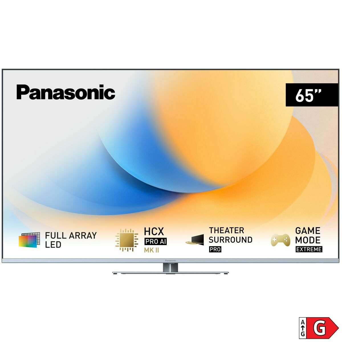 Un televisor Panasonic de 65 pulgadas muestra características como Full Array LED y HCX Pro AI MK II.