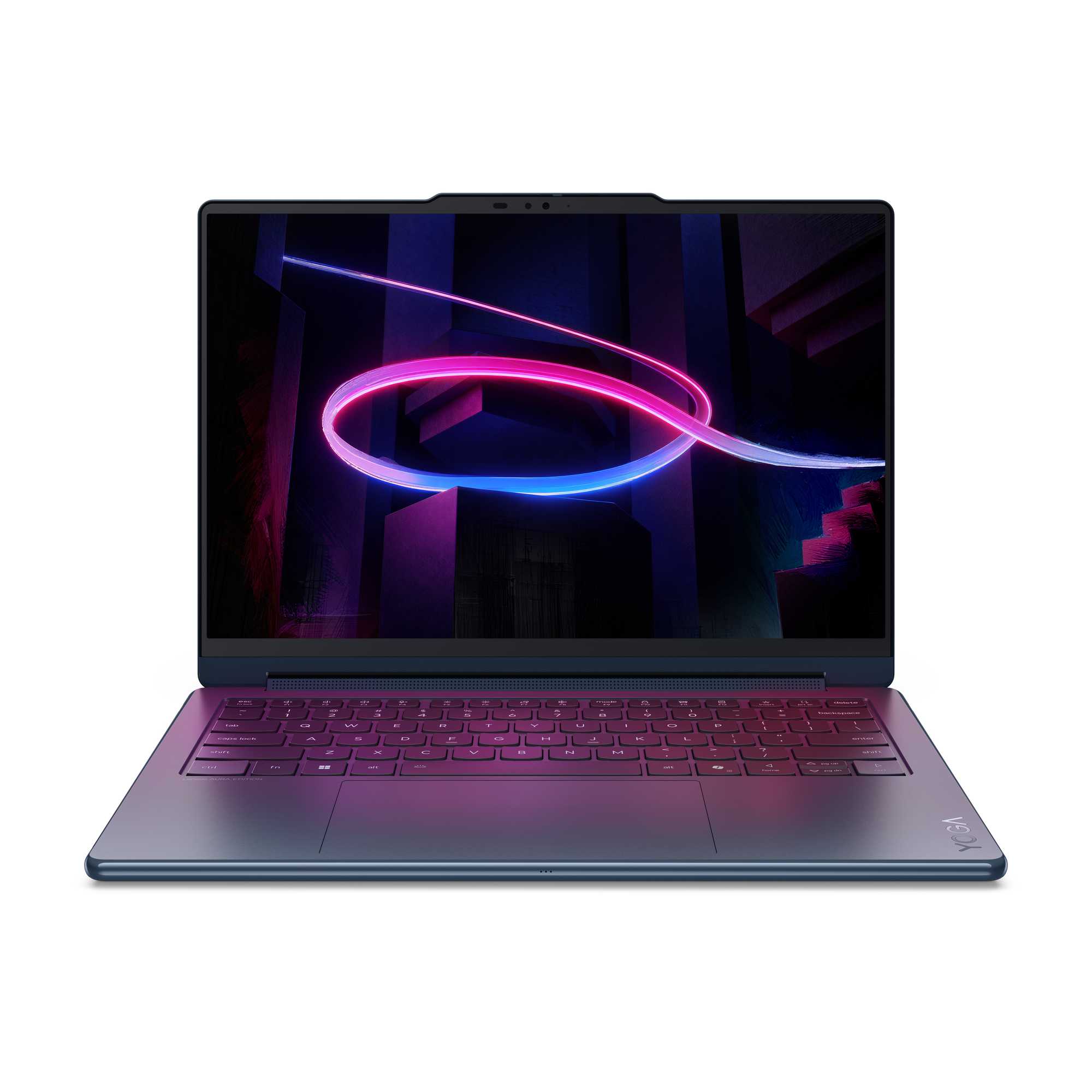 Un laptop blu con tastiera retroilluminata mostra una scia di luce rosa e blu sullo schermo.