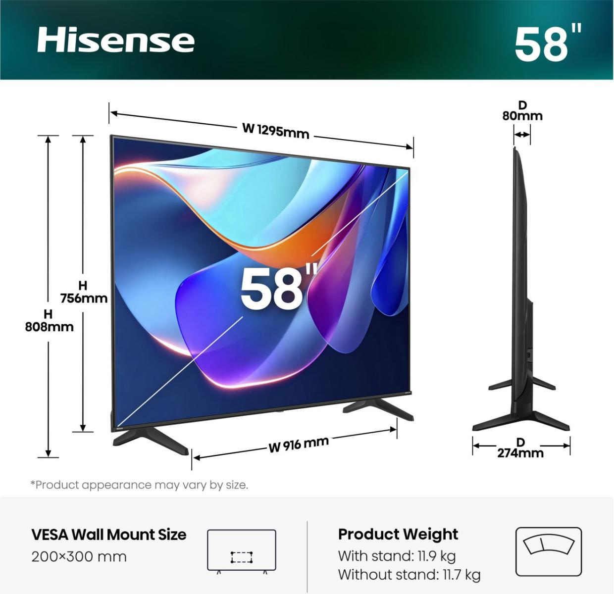 Disegno tecnico con dimensioni e specifiche per un televisore Hisense da 58 pollici.