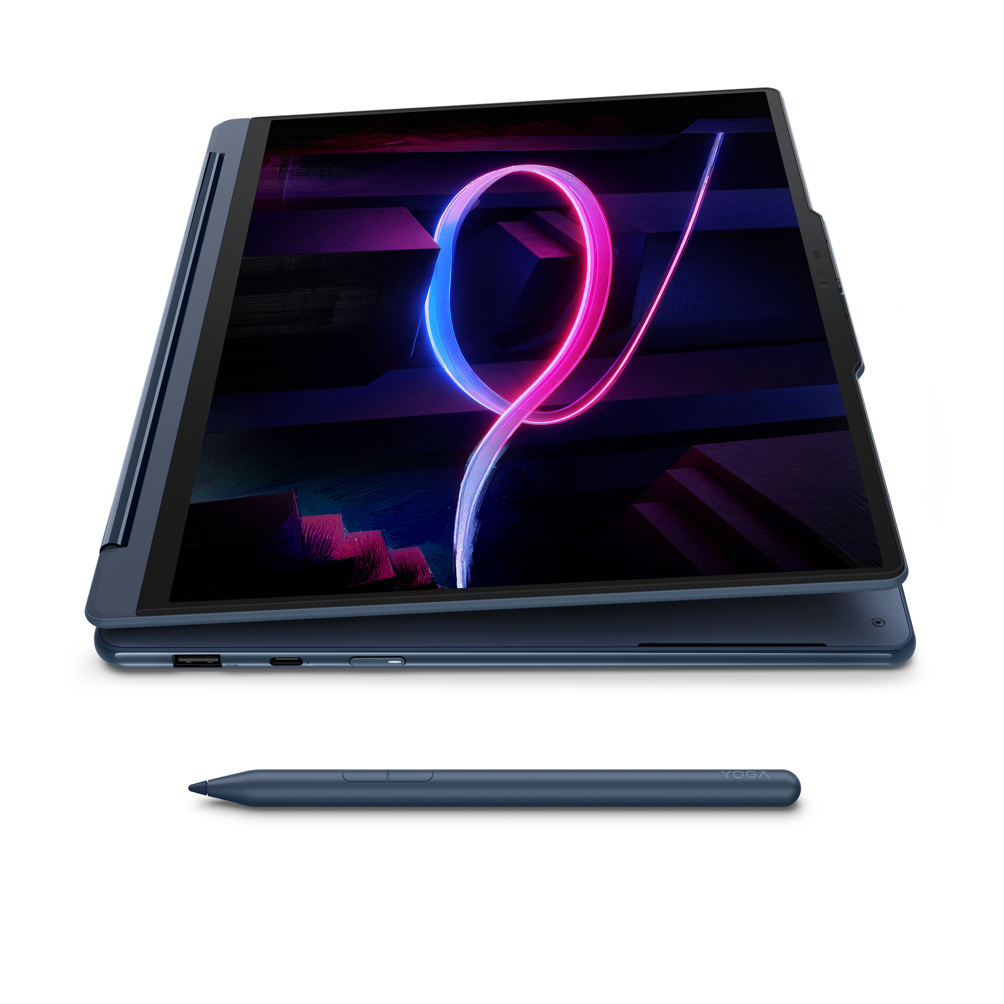 Un computer portatile blu è aperto con uno sfondo astratto, accompagnato da una penna stilo.