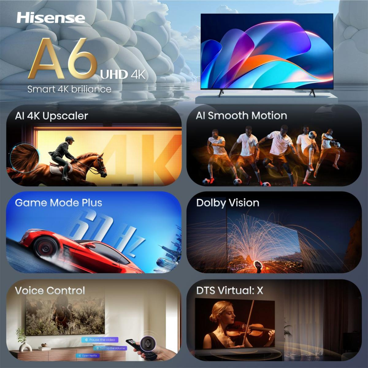 Pubblicità Hisense A6 Smart 4K TV con funzioni come AI 4K Upscaler e Dolby Vision.