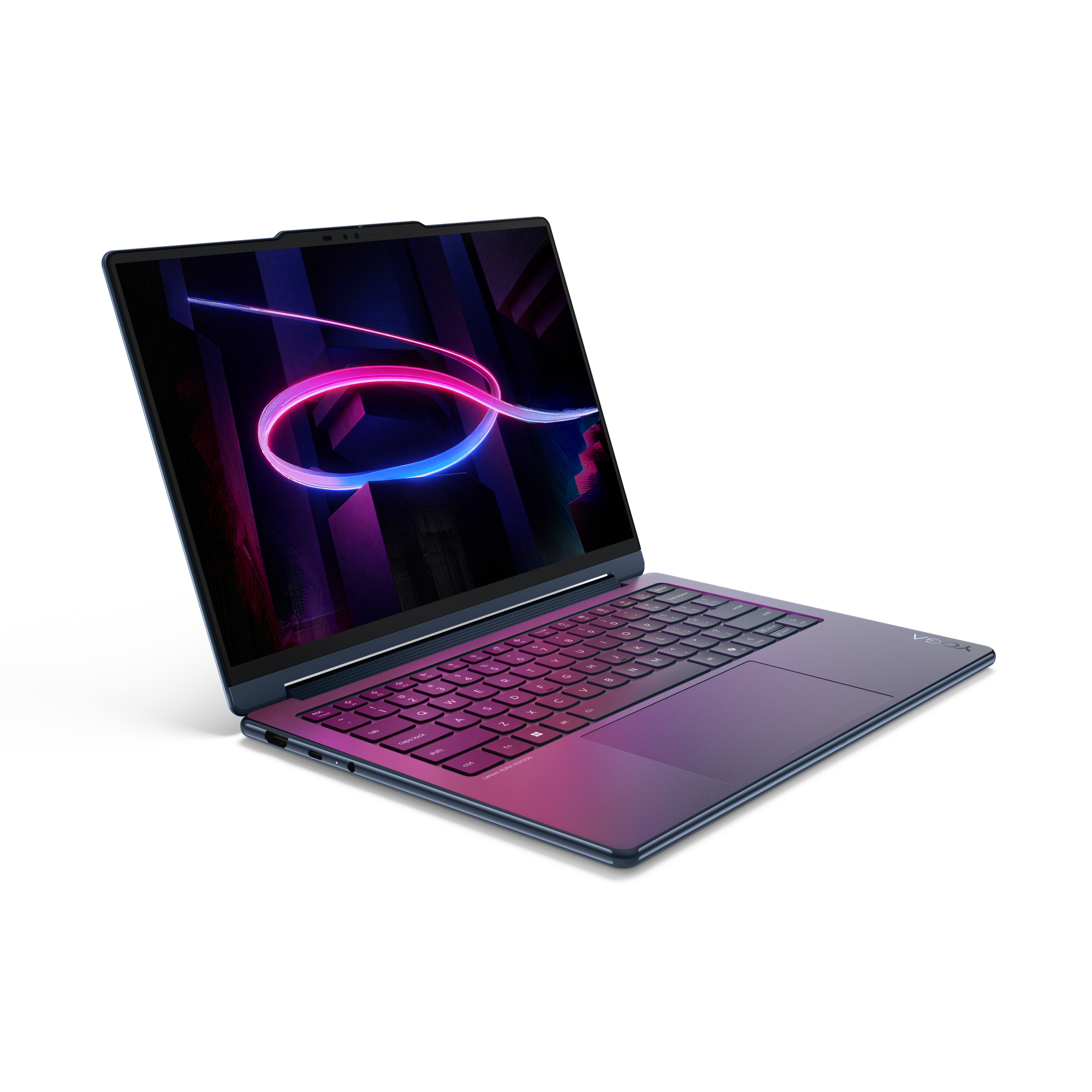 Un elegante laptop blu scuro aperto, che mostra uno sfondo con luci al neon rosa e blu.