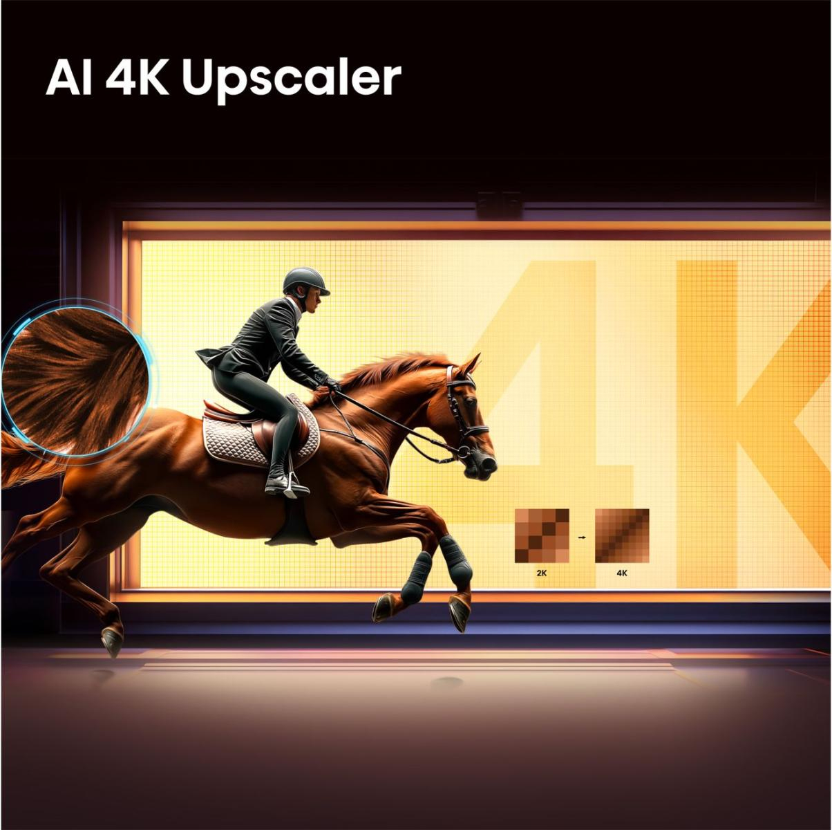 Un cavaliere su un cavallo marrone davanti a un display luminoso con la scritta AI 4K Upscaler.