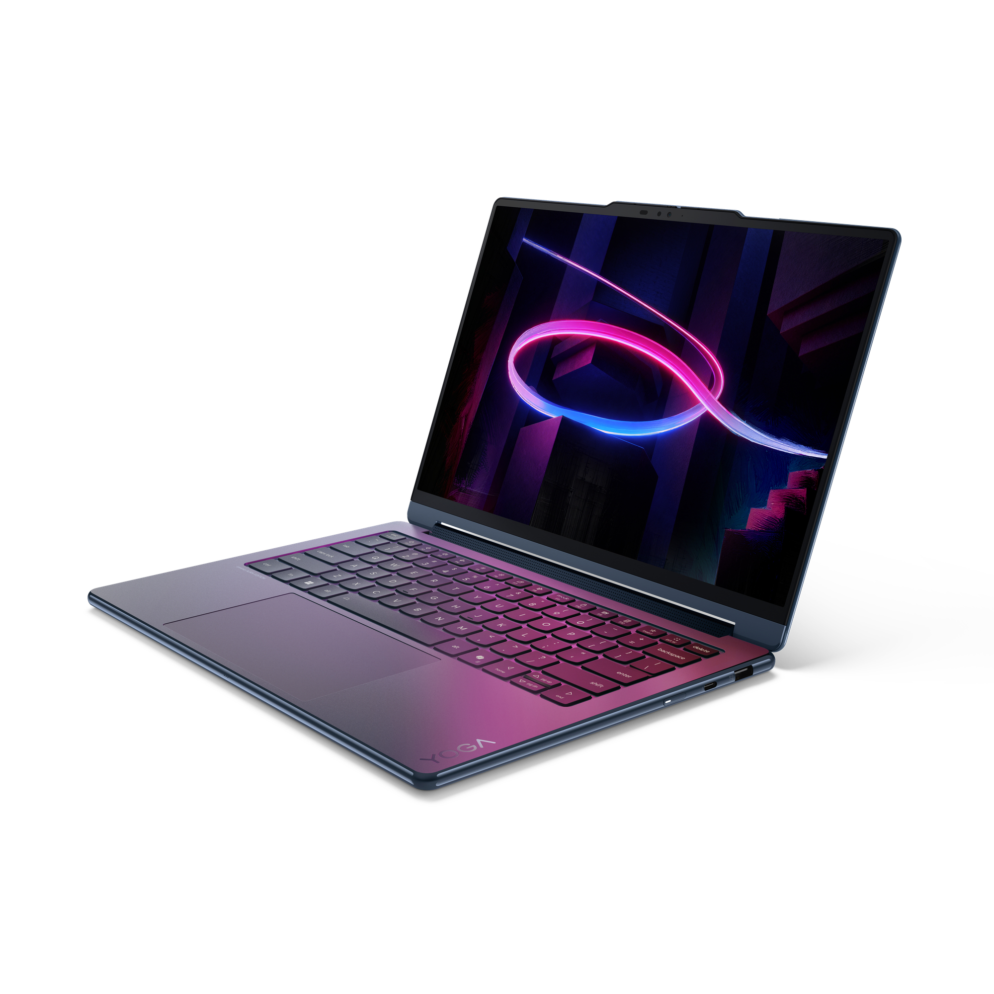 Un computer portatile blu con finitura sfumata su sfondo bianco, con una linea al neon luminosa sullo schermo.