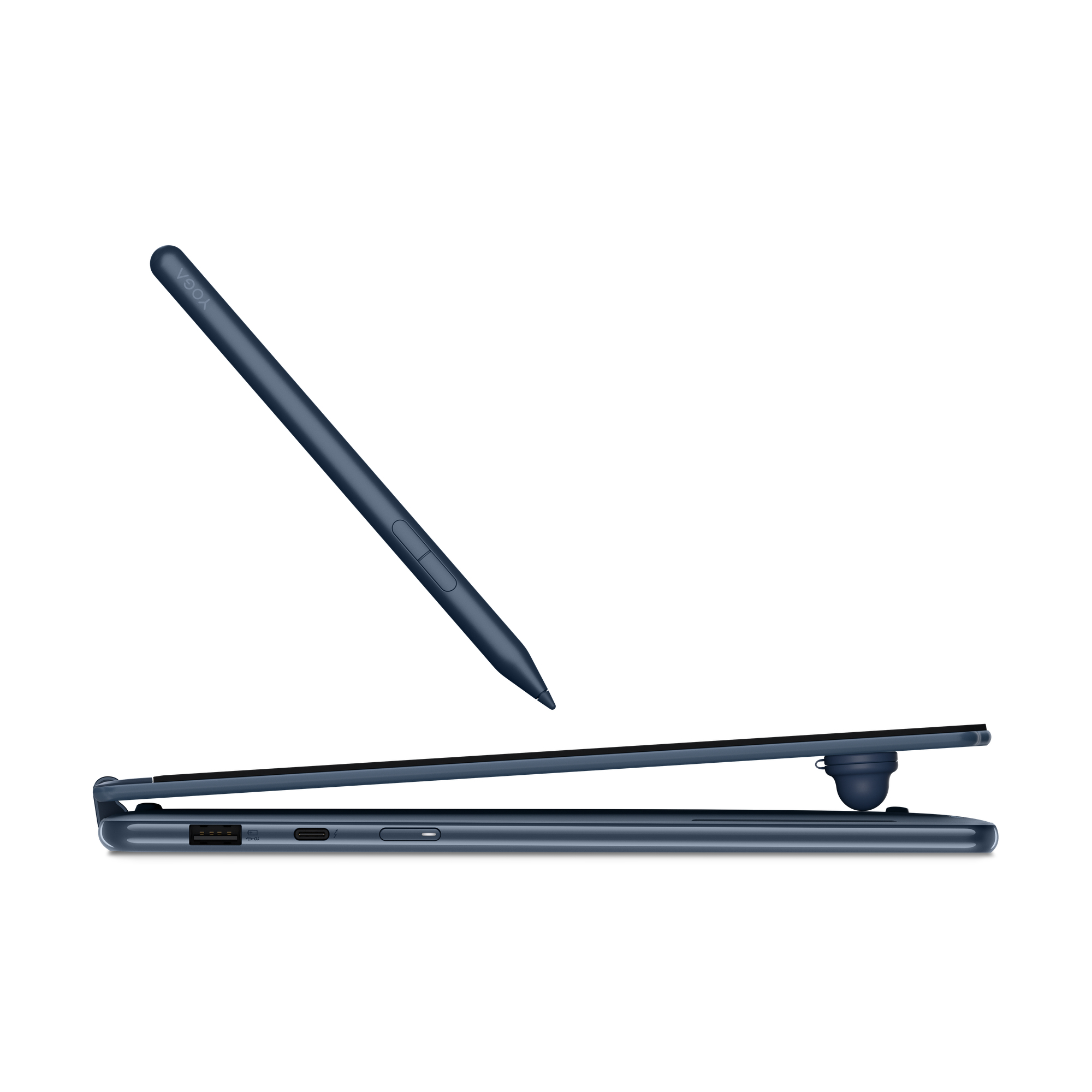 Supporto per tablet Yoga blu scuro e pennino su sfondo bianco.