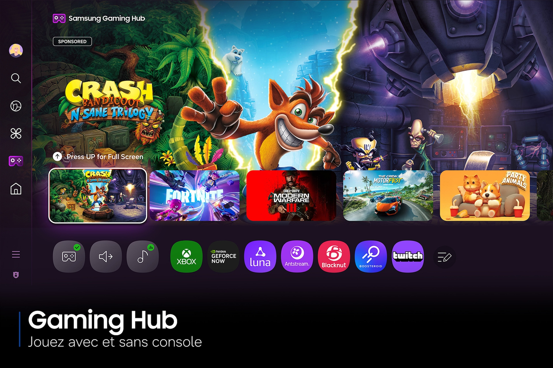 Interfaz de Samsung Gaming Hub con Crash Bandicoot de fondo e iconos de aplicaciones abajo.