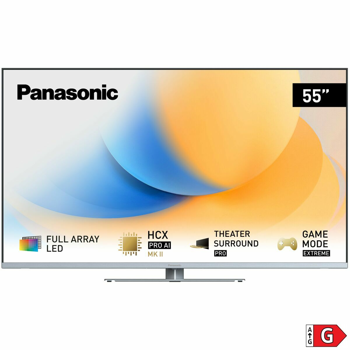 Un televisor Panasonic de 55 pulgadas muestra una pantalla abstracta azul y naranja con iconos.
