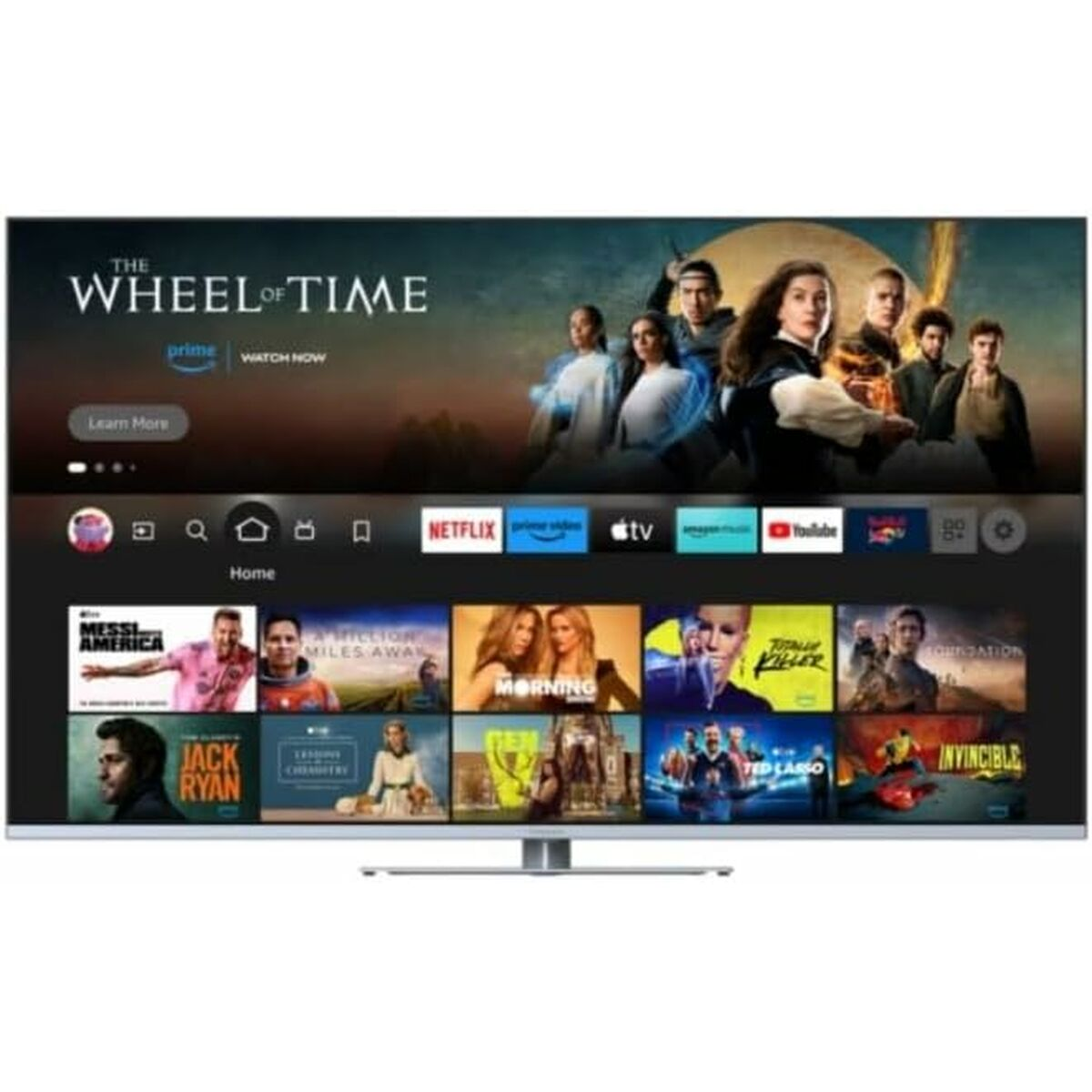 Smart TV que muestra una pantalla de inicio con miniaturas de películas y programas e iconos de aplicaciones.
