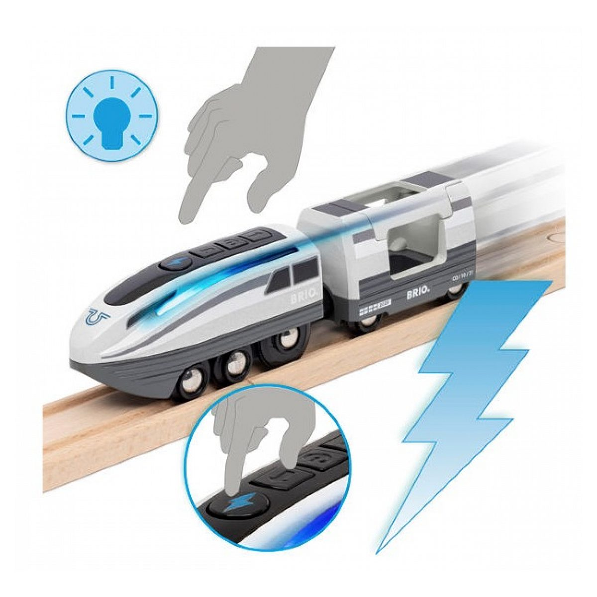 Una mano presionando botones en un tren de juguete Brio blanco y gris en vías de madera, con iconos de luz y rayo.