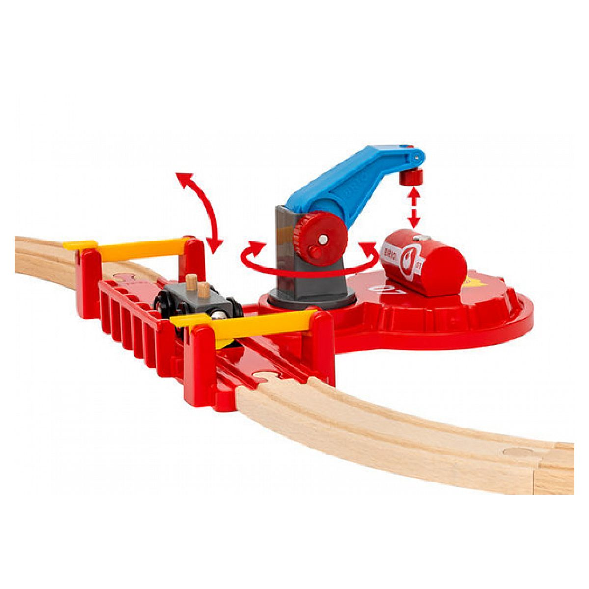 Holzeisenbahn mit roter Brücke, blauer Kran und Fracht.