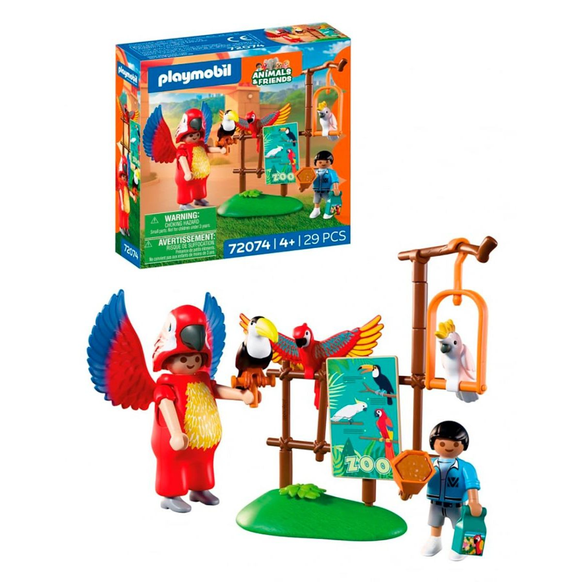 Set de zoológico Playmobil con figuras, loros coloridos, letreros y accesorios frente a su caja.