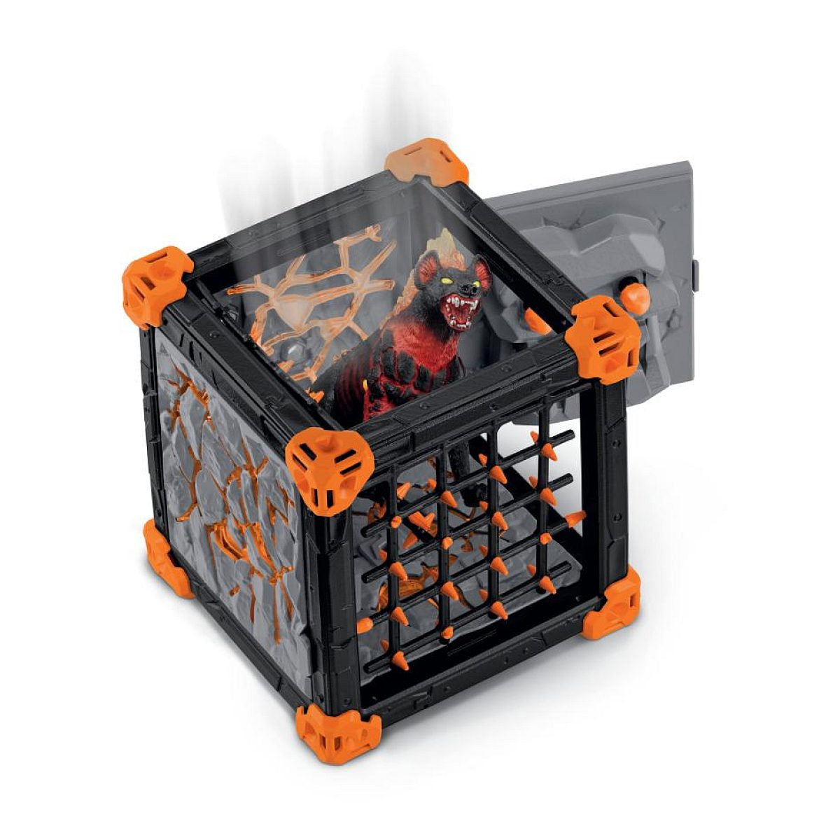 Eine feurige Bestie mit roten Augen brüllt in einem schwarz-orangen Metallkäfig mit rauchigem Hintergrund.