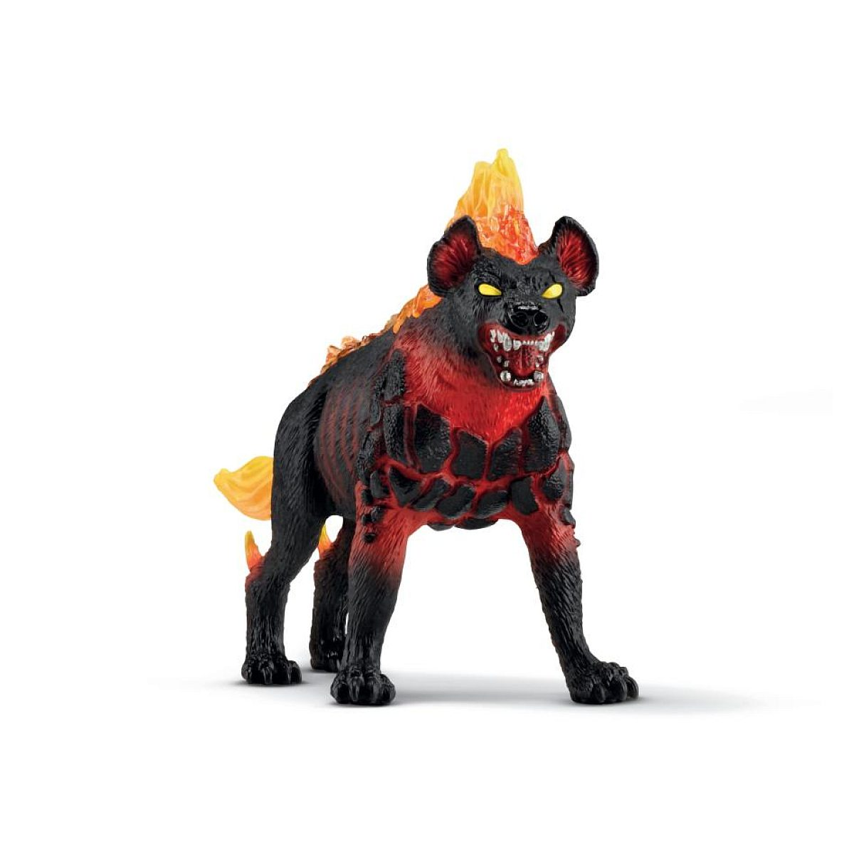 Eine feurige Hyänen-Spielfigur mit schwarzem Körper, roten Akzenten, gelben Augen und flammender Mähne.