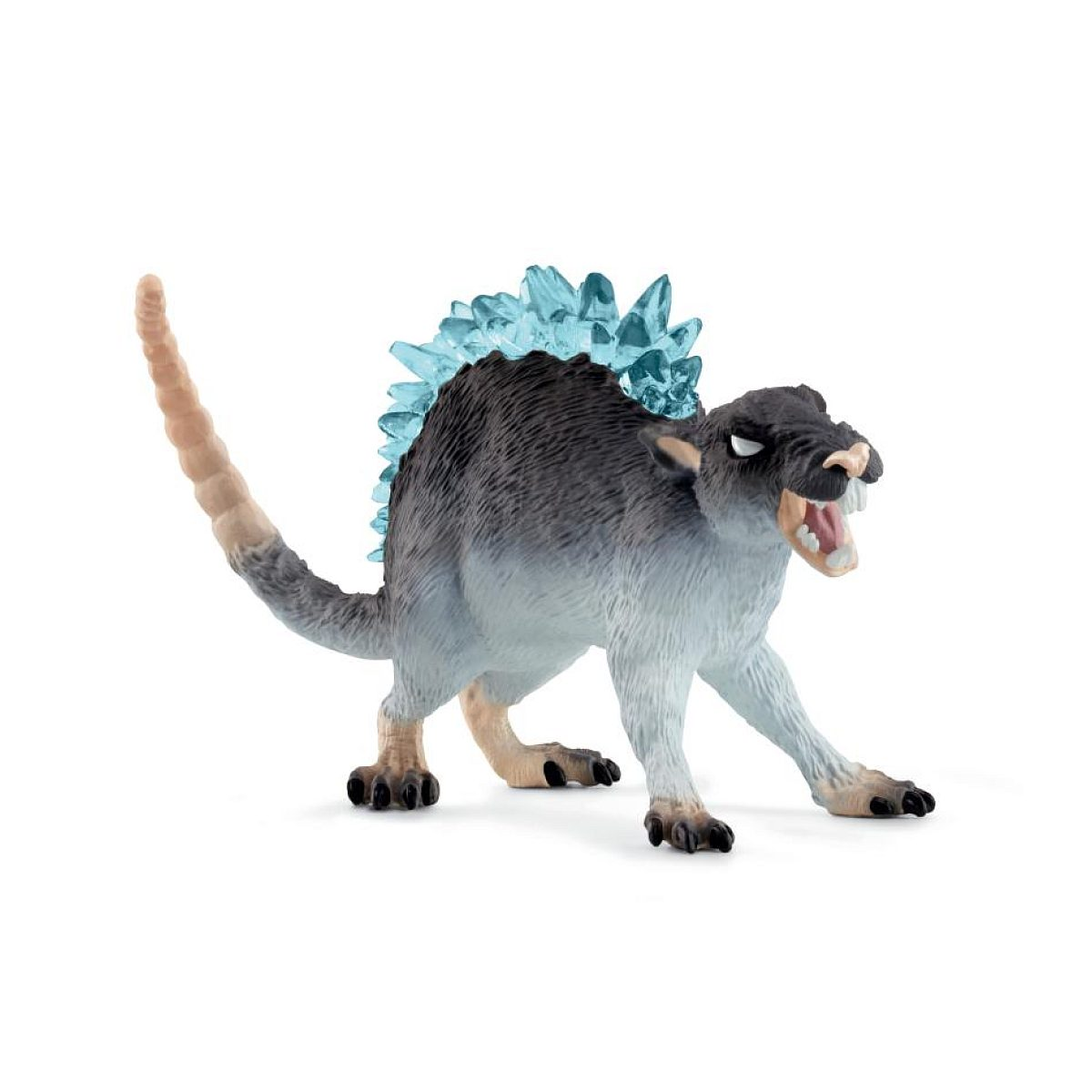 Eine graue Ratten-Figur mit blauen Kristallen auf dem Rücken und gefletschten Zähnen.