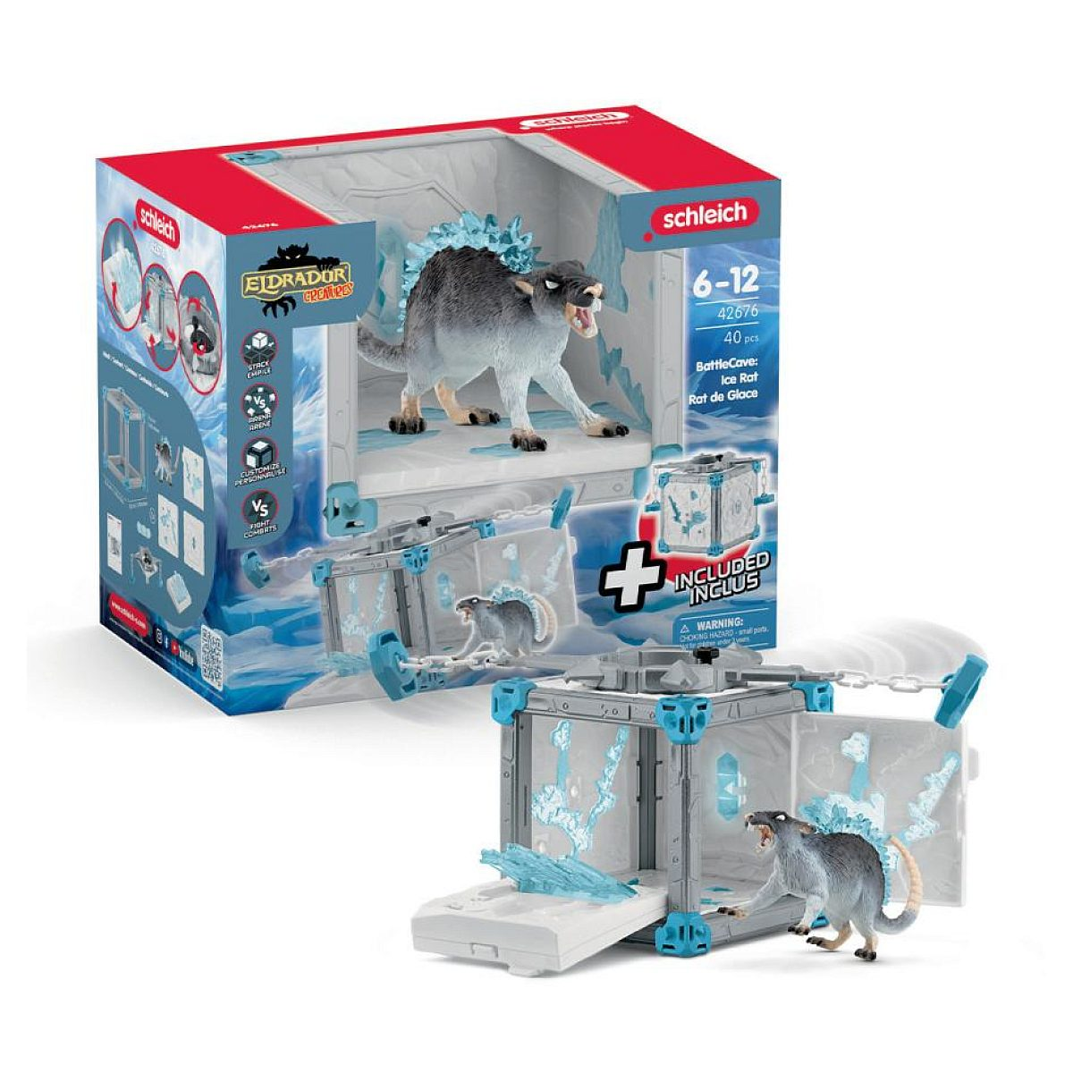Schleich Eldrador Eisratten-Spielset mit einer Battle-Cave-Box, Eiskristallen und einer Ratten-Figur.