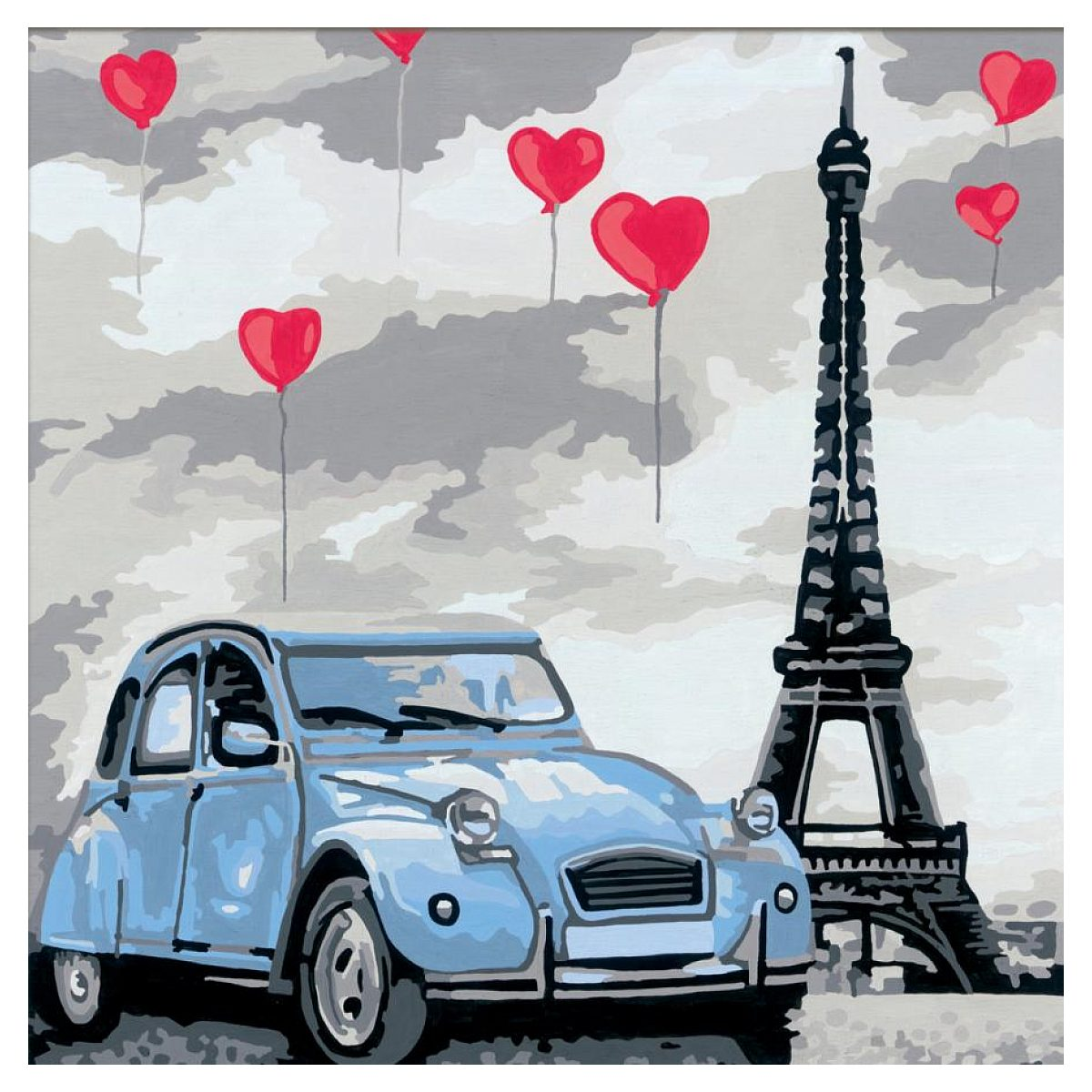 Un coche azul frente a la Torre Eiffel, con globos rojos en forma de corazón en el cielo gris.