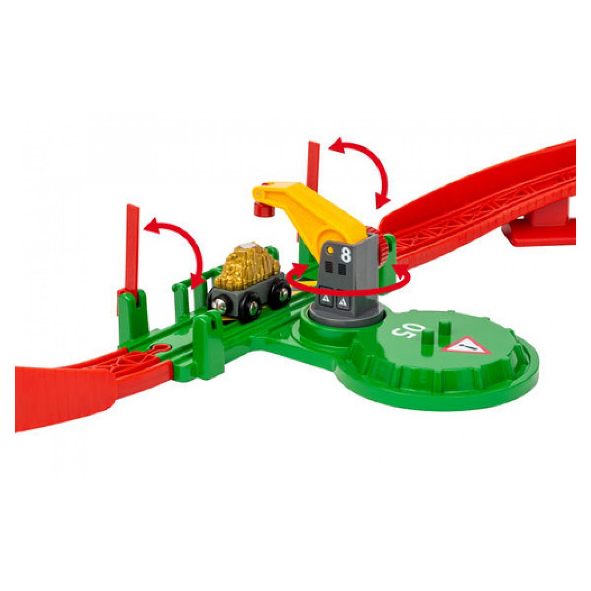 Ein buntes Spielzeug-Zugset mit roten Schienen, einem grauen Kran mit gelbem Arm und einer kleinen Wagenladung.