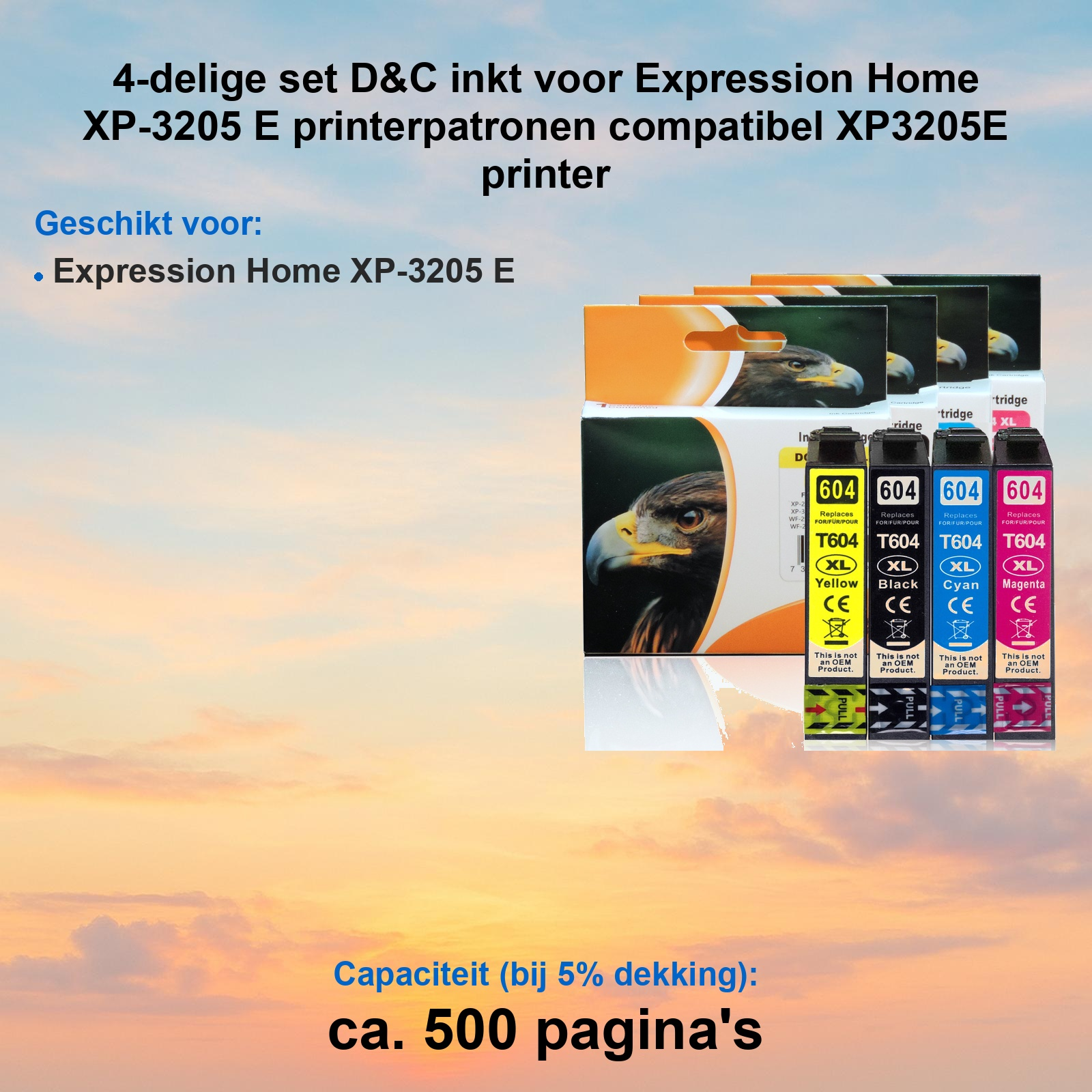 Vier D&C Druckerpatronen-Schachteln und Patronen mit Adler-Motiven vor Abendhimmel.