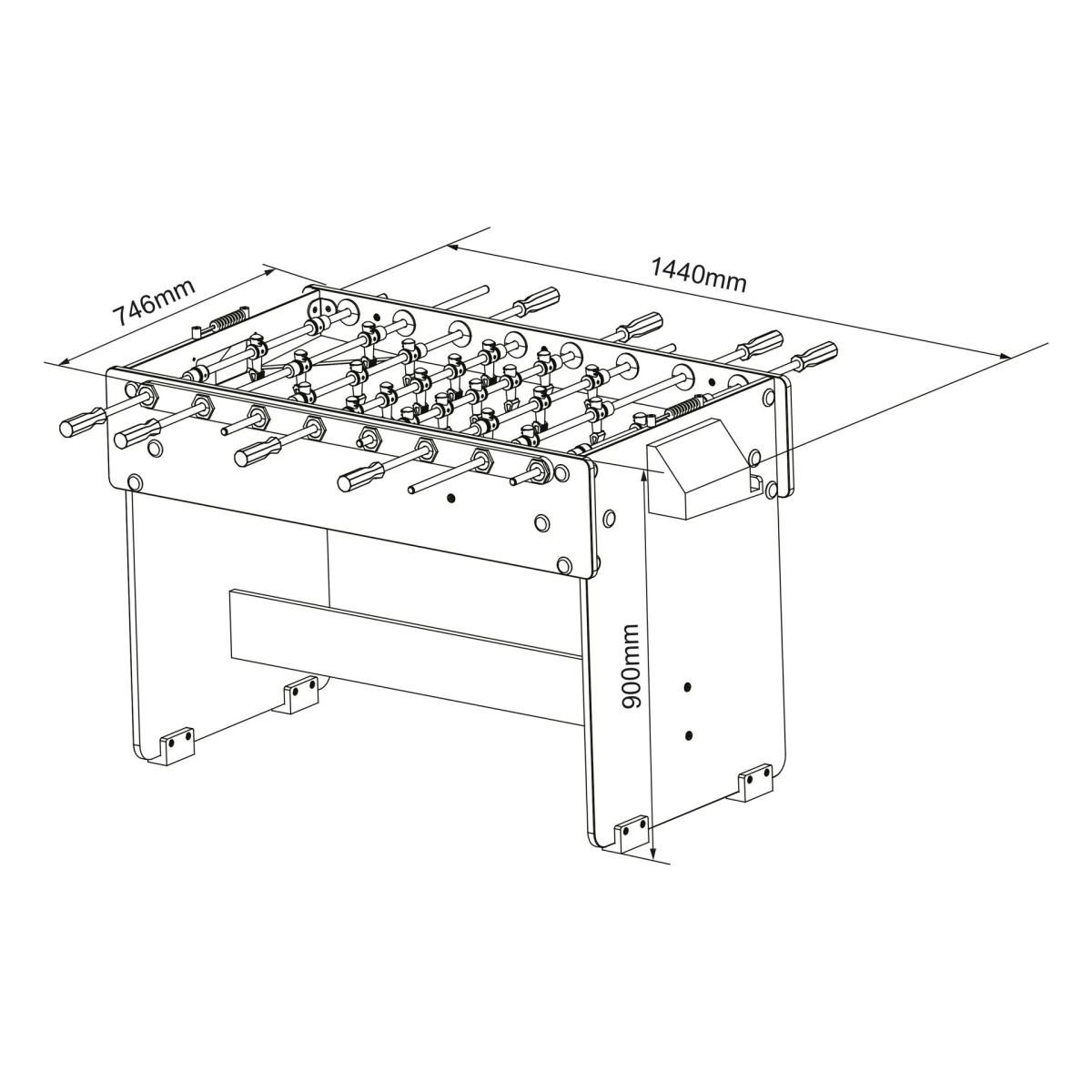 Technische Zeichnung eines Tischkicker-Spiels mit Maßen von 1440mm Länge, 746mm Breite und 900mm Höhe.