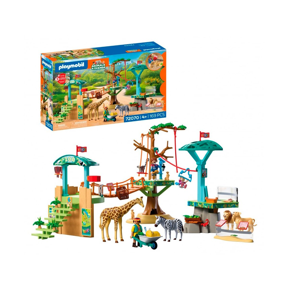 Set de zoológico Playmobil con jirafa, cebra, leones, figuras y casa en el árbol.