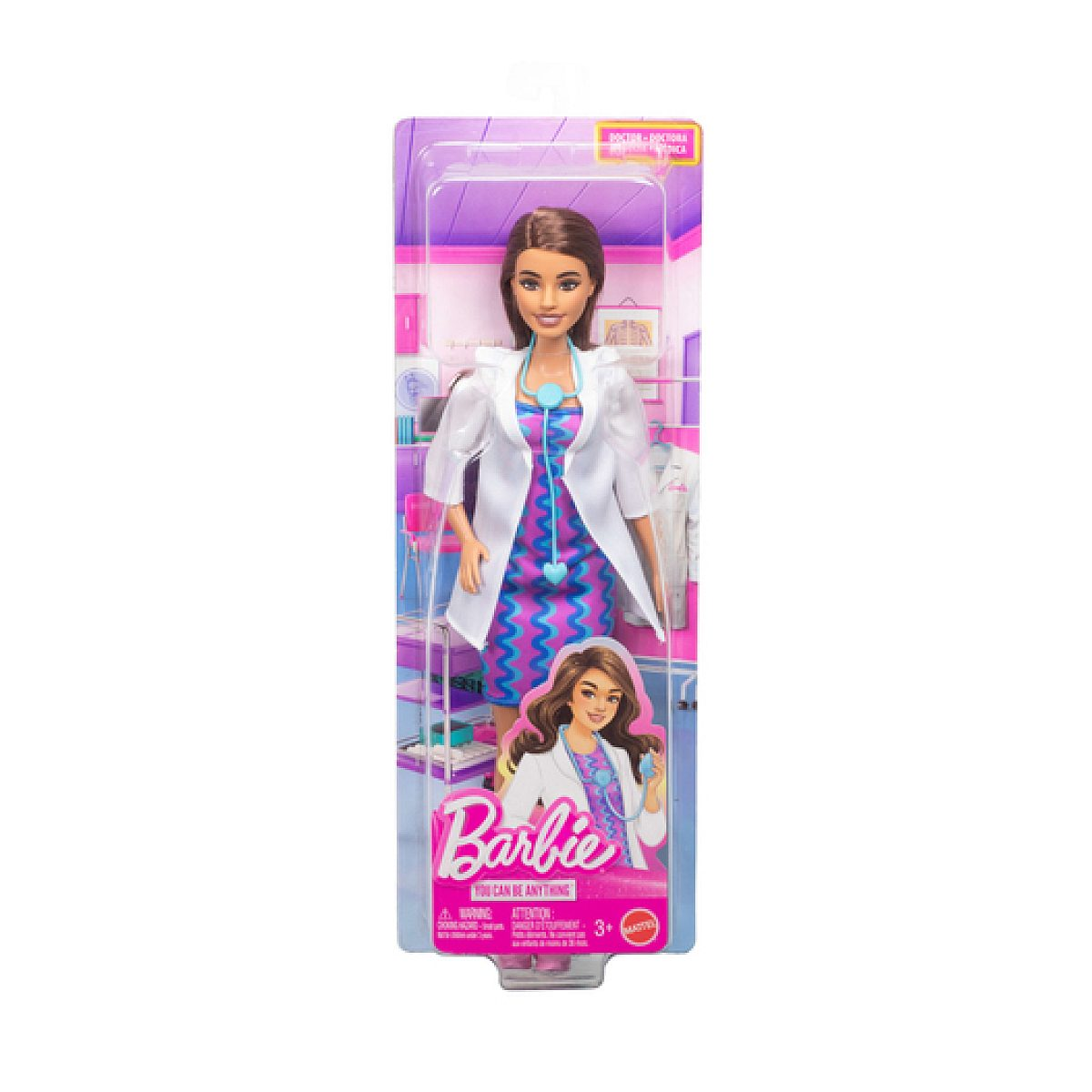Una muñeca Barbie médico en su empaque original, con bata blanca y estetoscopio.