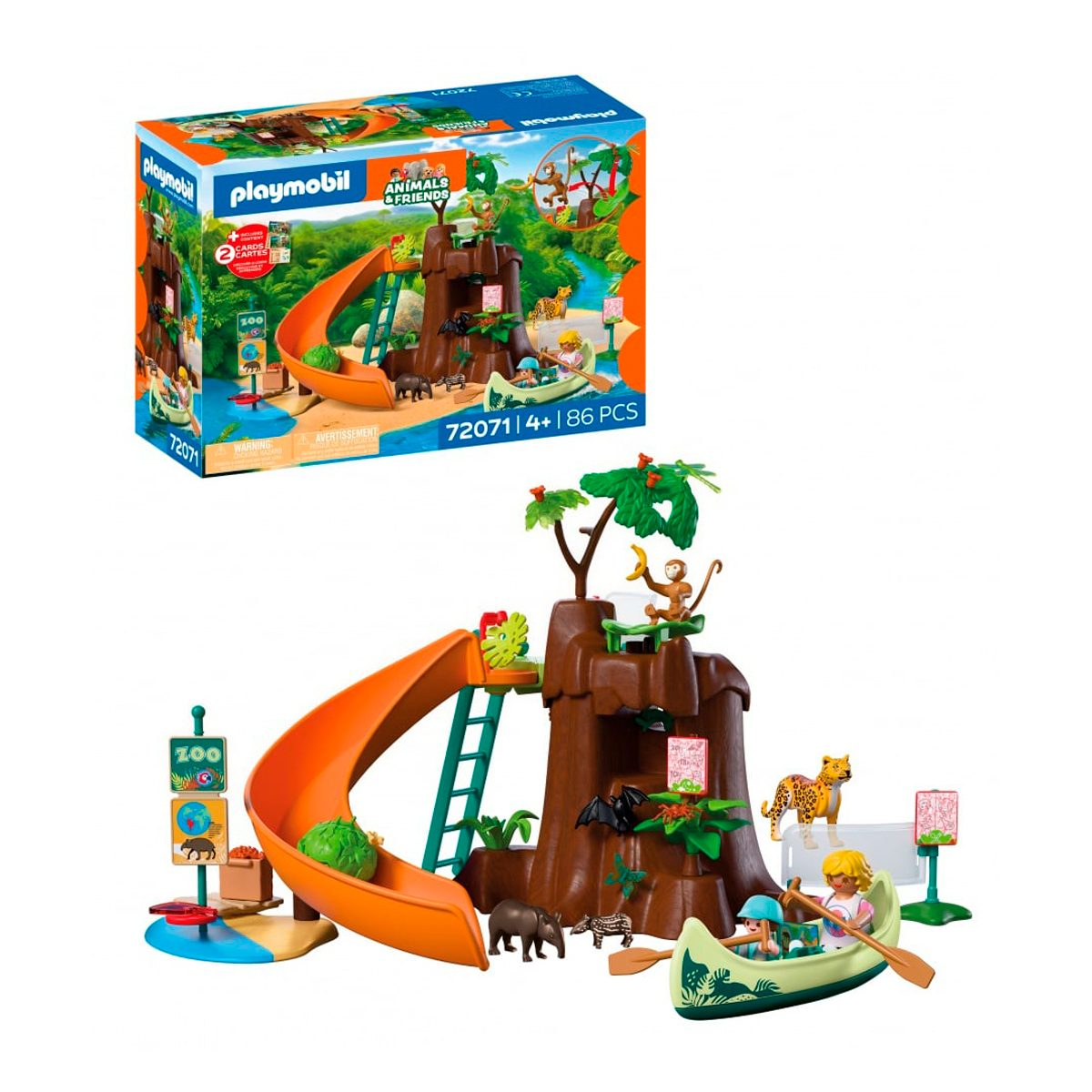 Set de juego de selva Playmobil con casa en el árbol, tobogán naranja, canoa, figuras y animales salvajes.