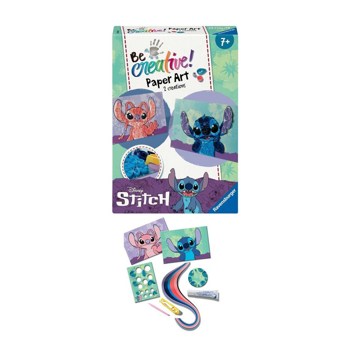 Disney Stitch Papierbastelset von Ravensburger mit Werkzeugen und Papierstreifen.