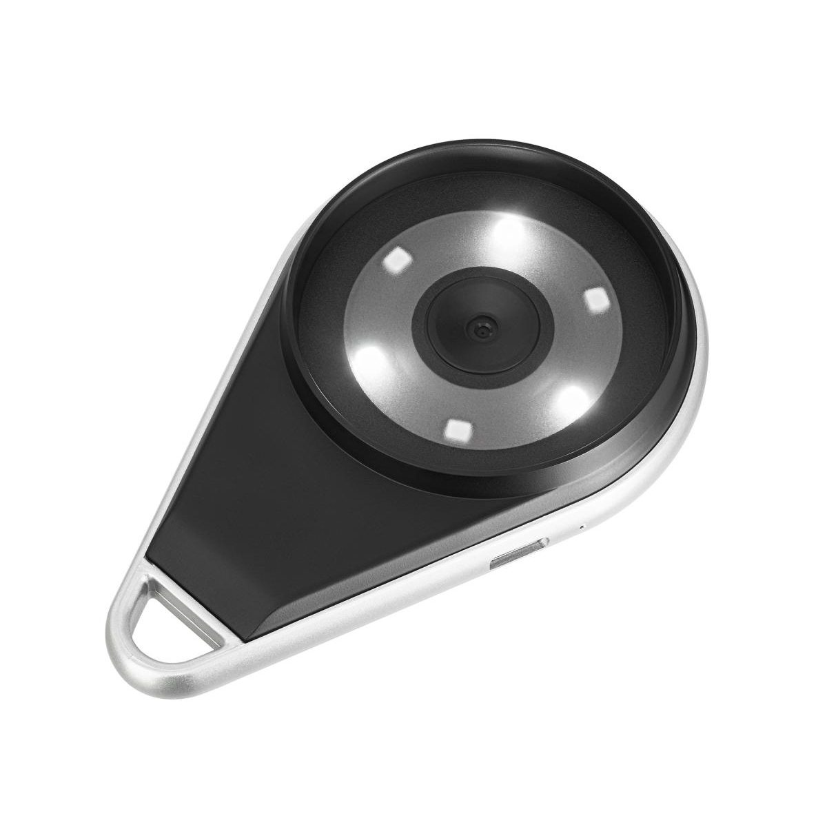 Ein schwarzes und silbernes Gadget in Tropfenform mit Zentraler Kamera und LED-Leuchten auf weißem Hintergrund.