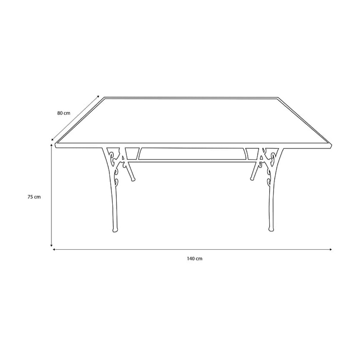 Linienzeichnung eines Tisches mit Maßen: 140 cm breit, 80 cm tief, 75 cm hoch.