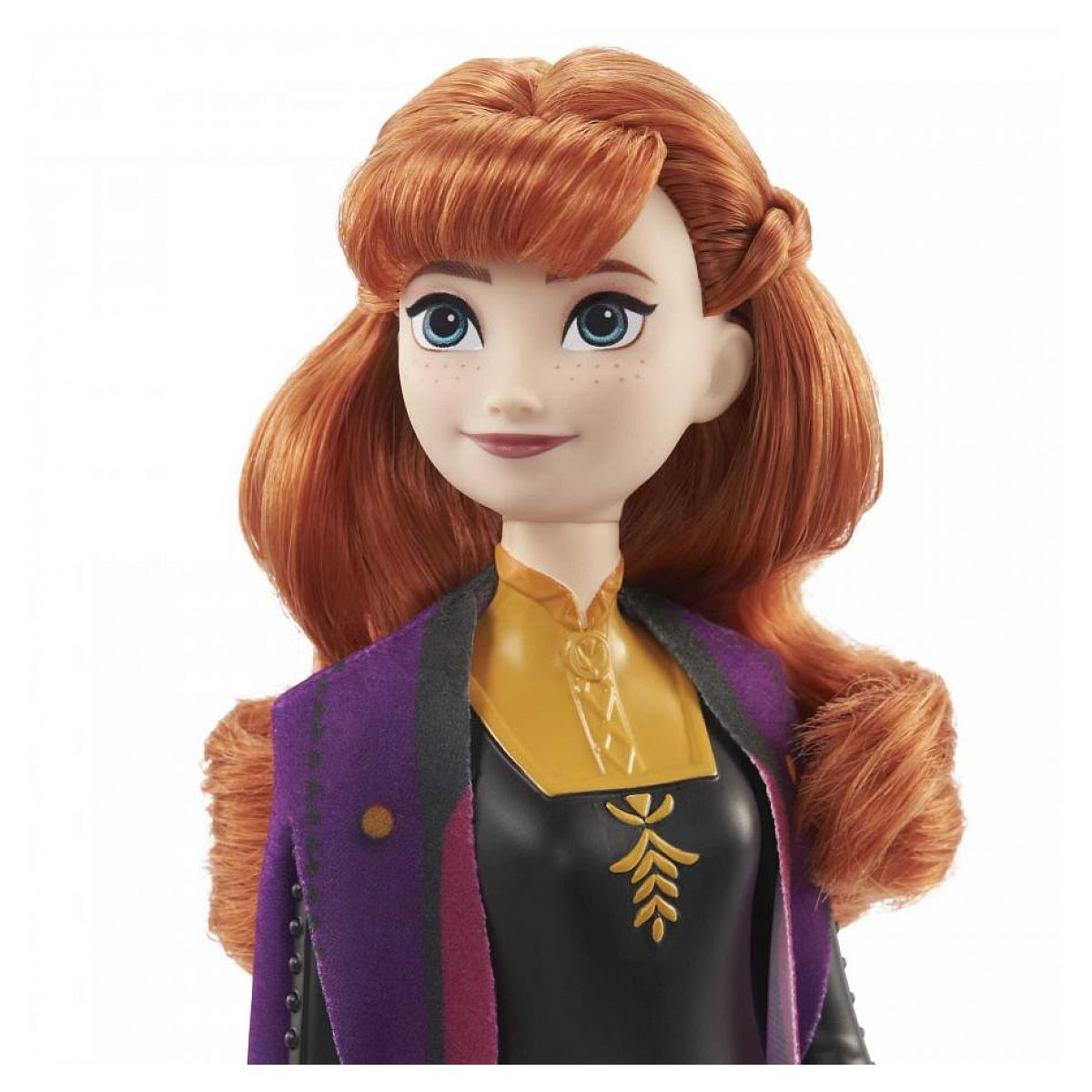 Nahaufnahme der Anna-Puppe mit roten Haaren, blauen Augen, schwarzem Oberteil mit Golddetails und violettem Umhang.