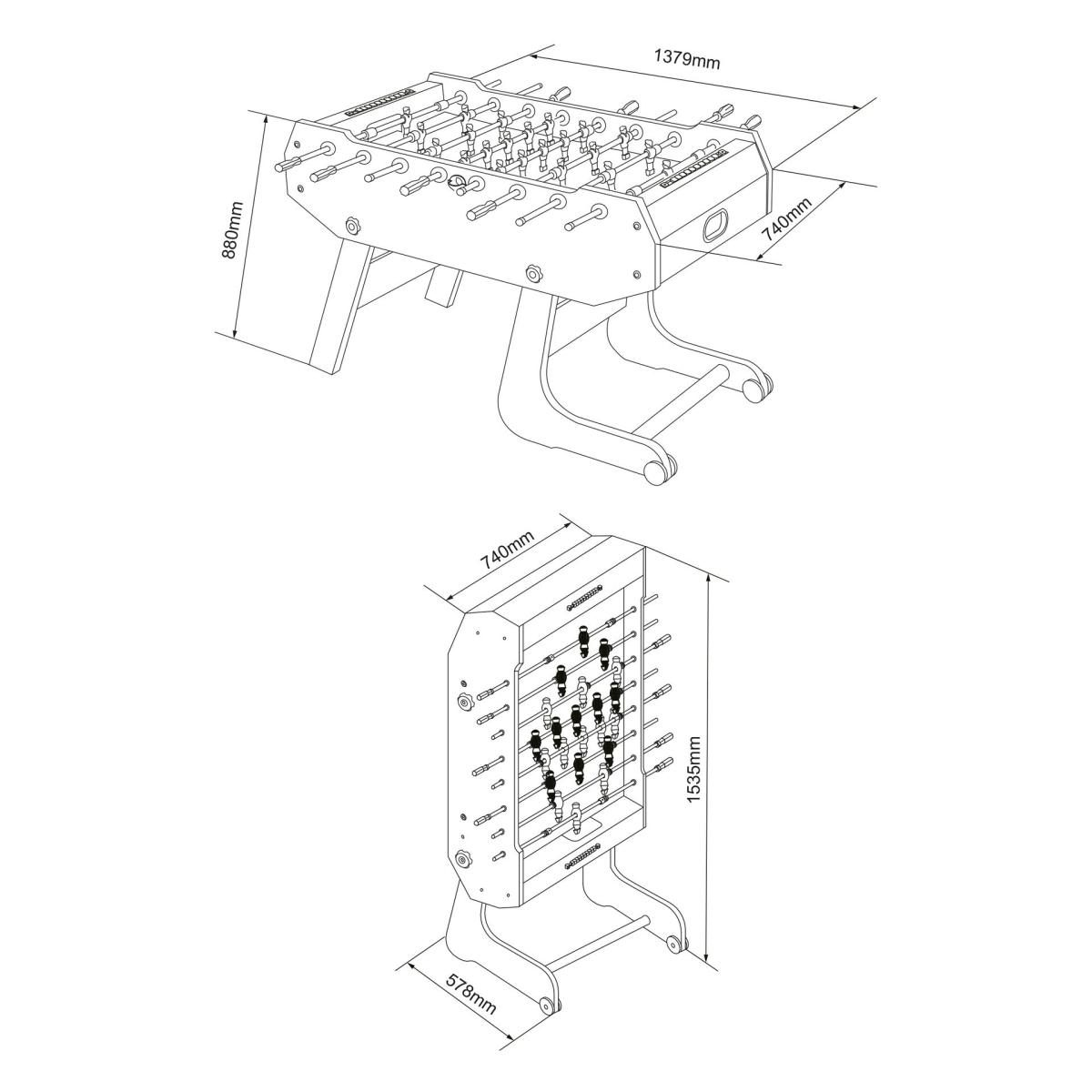 Strichzeichnung eines klappbaren Kicker Tisches mit Maßangaben in waagerechter und senkrechter Position.
