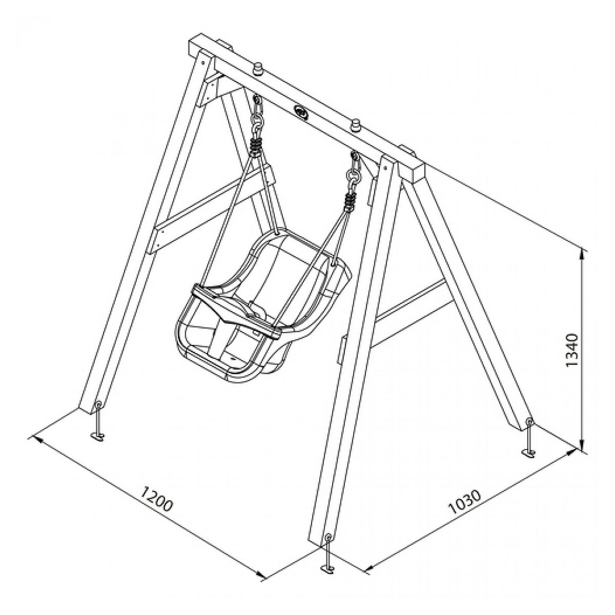 Technische Zeichnung einer Babyschaukel aus Holz mit Maßen 1200x1030x1340 mm.