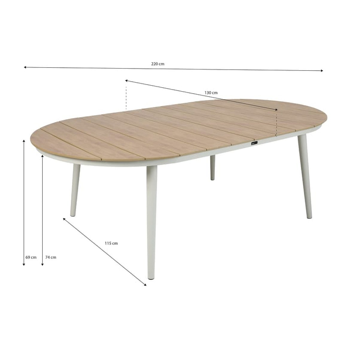 Technische Zeichnung eines ovalen Holztisches mit weißen Beinen und Maßangaben.