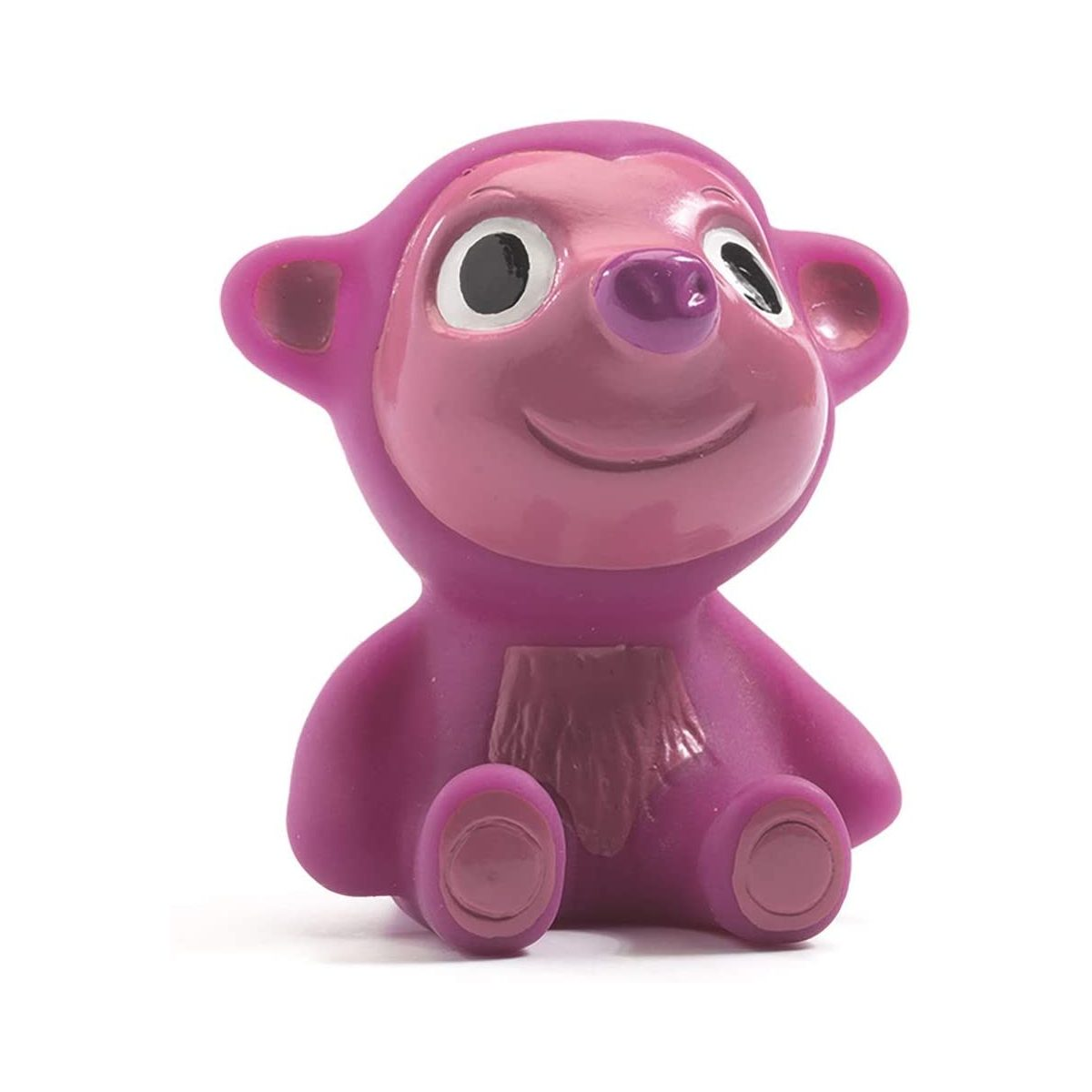 Eine kleine, glänzende pinke Spielzeugfigur mit großen weißen Augen, einer lila Nase und einem Lächeln auf weißem Grund.