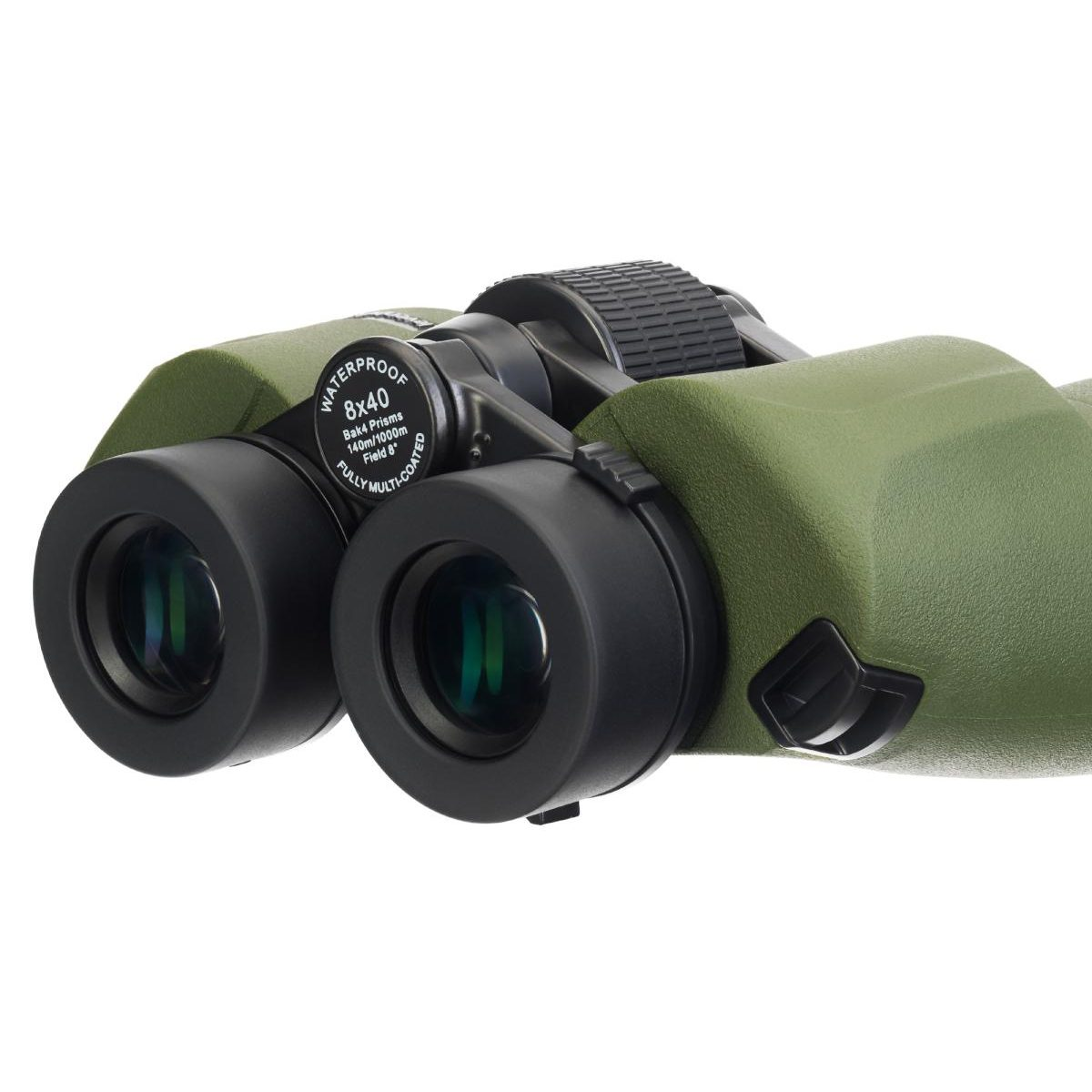 Binocolo verde impermeabile 8x40 su sfondo bianco con lenti visibili e rotella di messa a fuoco.