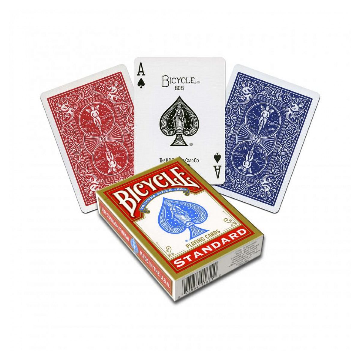Caja de naipes Bicycle standard, un as de espadas y dorsos de cartas rojos y azules sobre blanco.