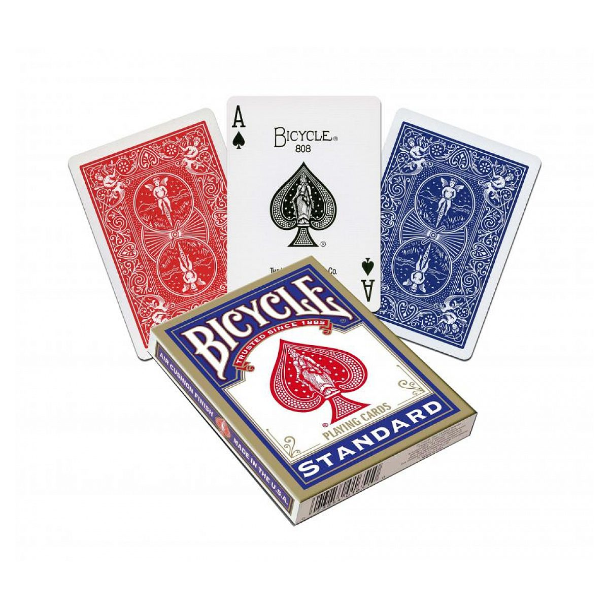 Caja de cartas Bicycle con baraja roja y azul y un As de Picas.