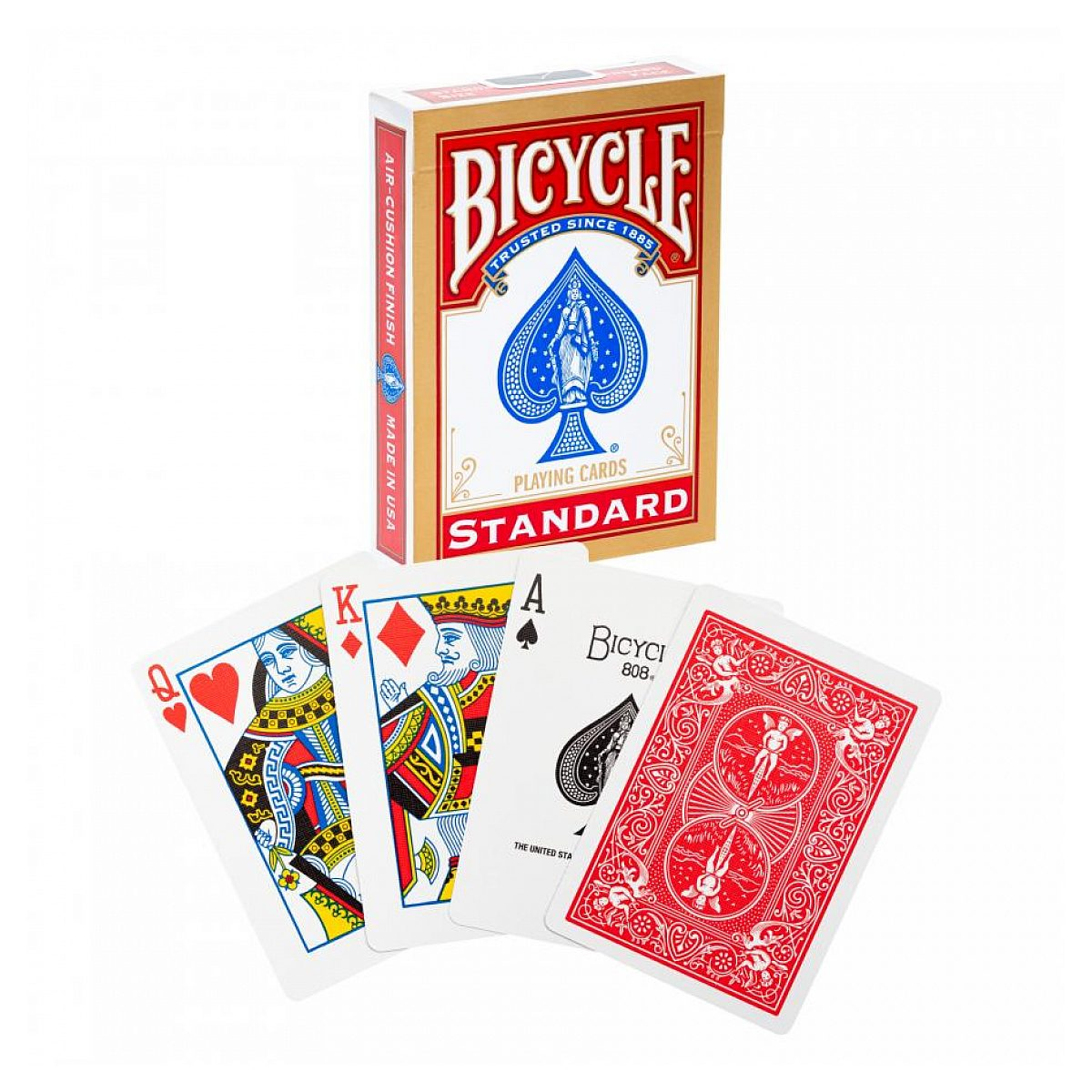 Una caja de naipes Bicycle estándar con cuatro cartas boca arriba y una carta con diseño rojo abajo.