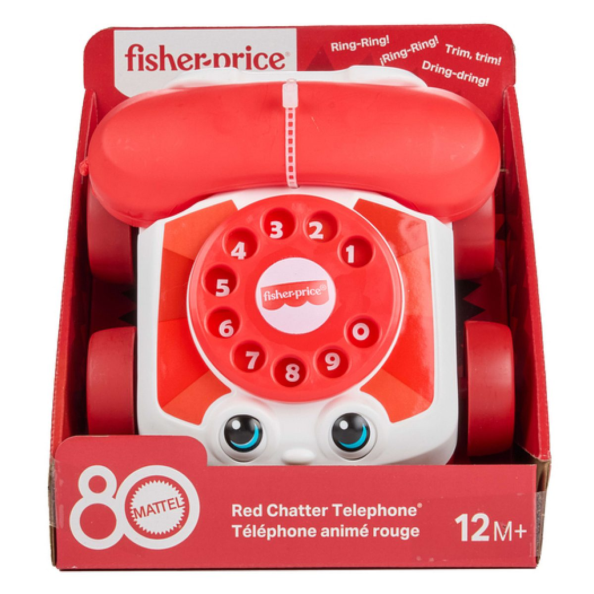 Fisher-Price rotes Plaudertelefon in Originalverpackung mit roten Rädern und Zifferblatt.