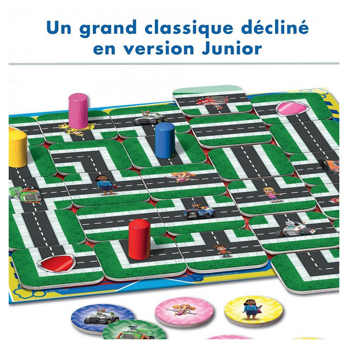 A colorful Paw Patrol junior labyrinth board game with square tiles, roads, and colored pawns.