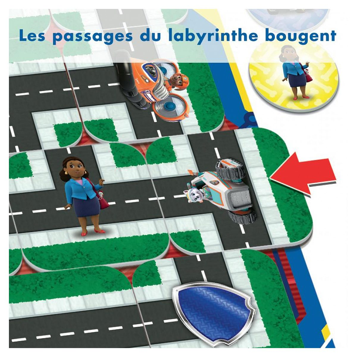 Paw Patrol board game with moving maze paths, toy vehicles, and characters on a road grid.