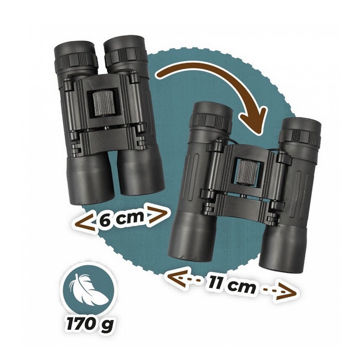 Binocolo nero con dimensioni da 6 cm a 11 cm e un peso di 170 g.