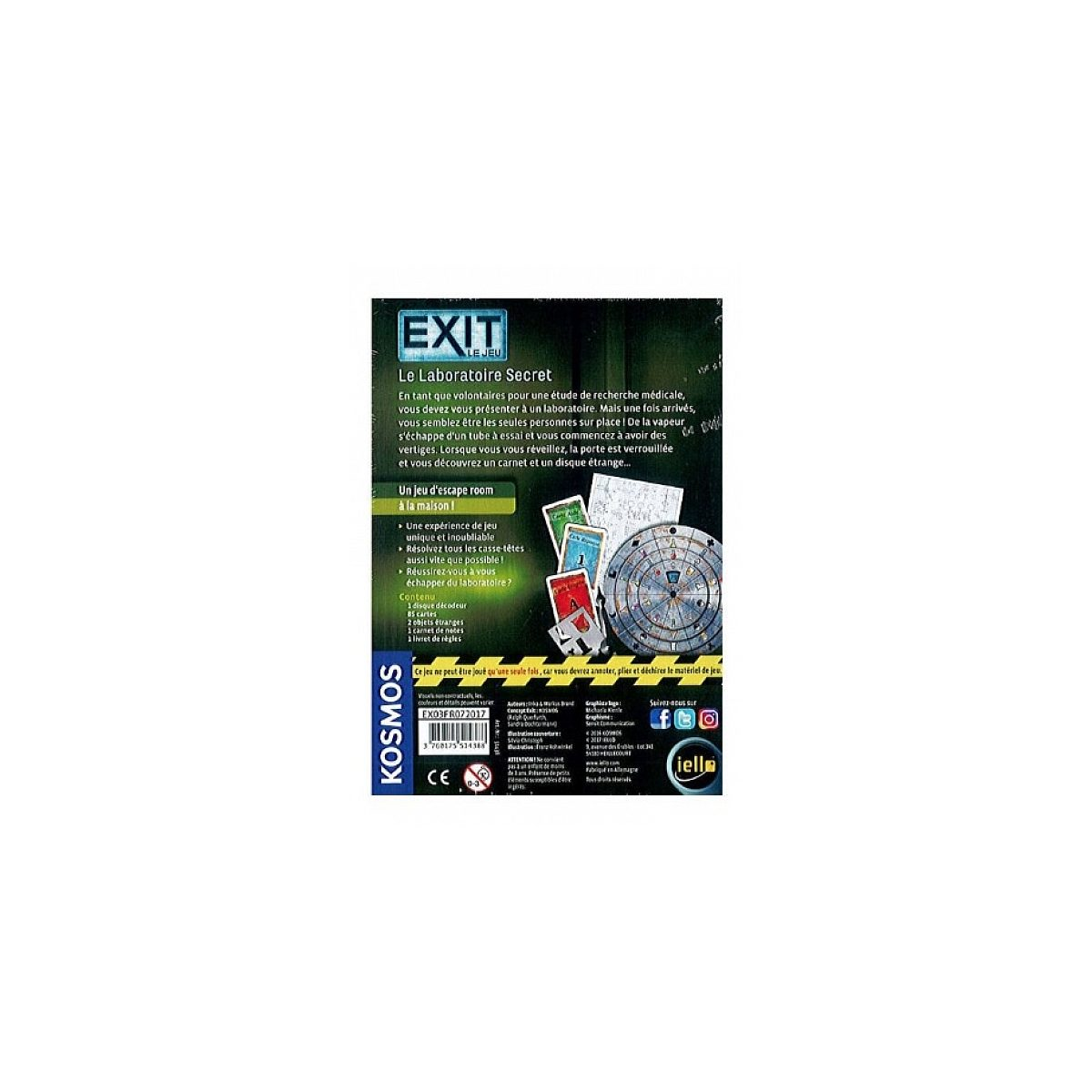 Rückseite der Spielverpackung Exit: Das geheime Labor mit Text, Decoder-Scheibe und Karten.