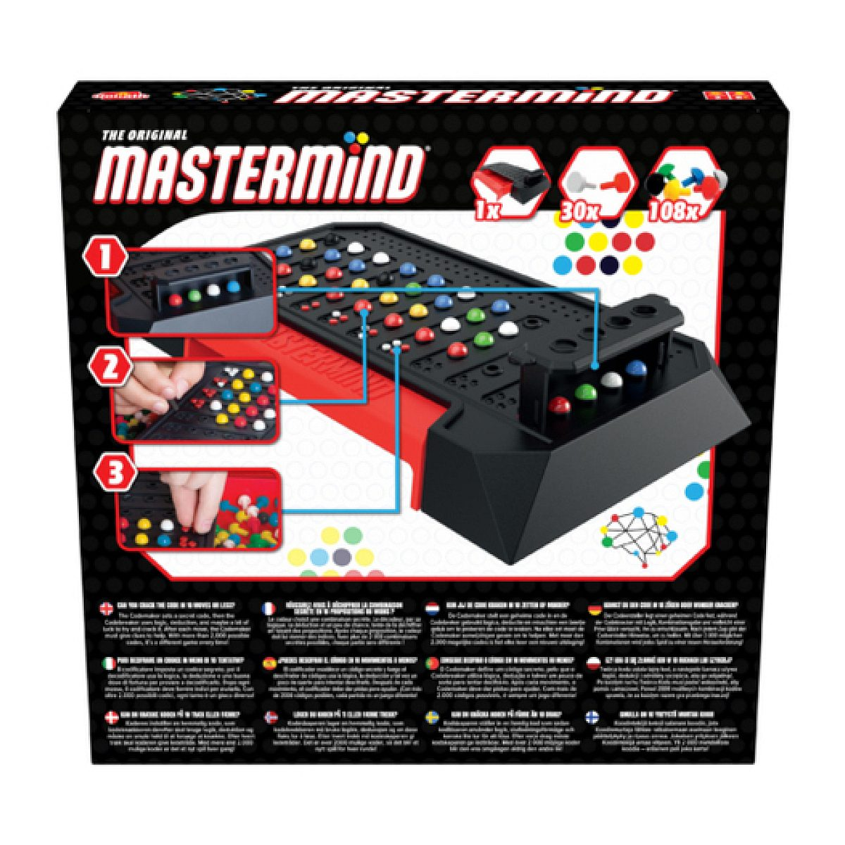 Verpackung des Brettspiels Mastermind mit Spielbrett, bunten Stiften und Anleitungsbildern.