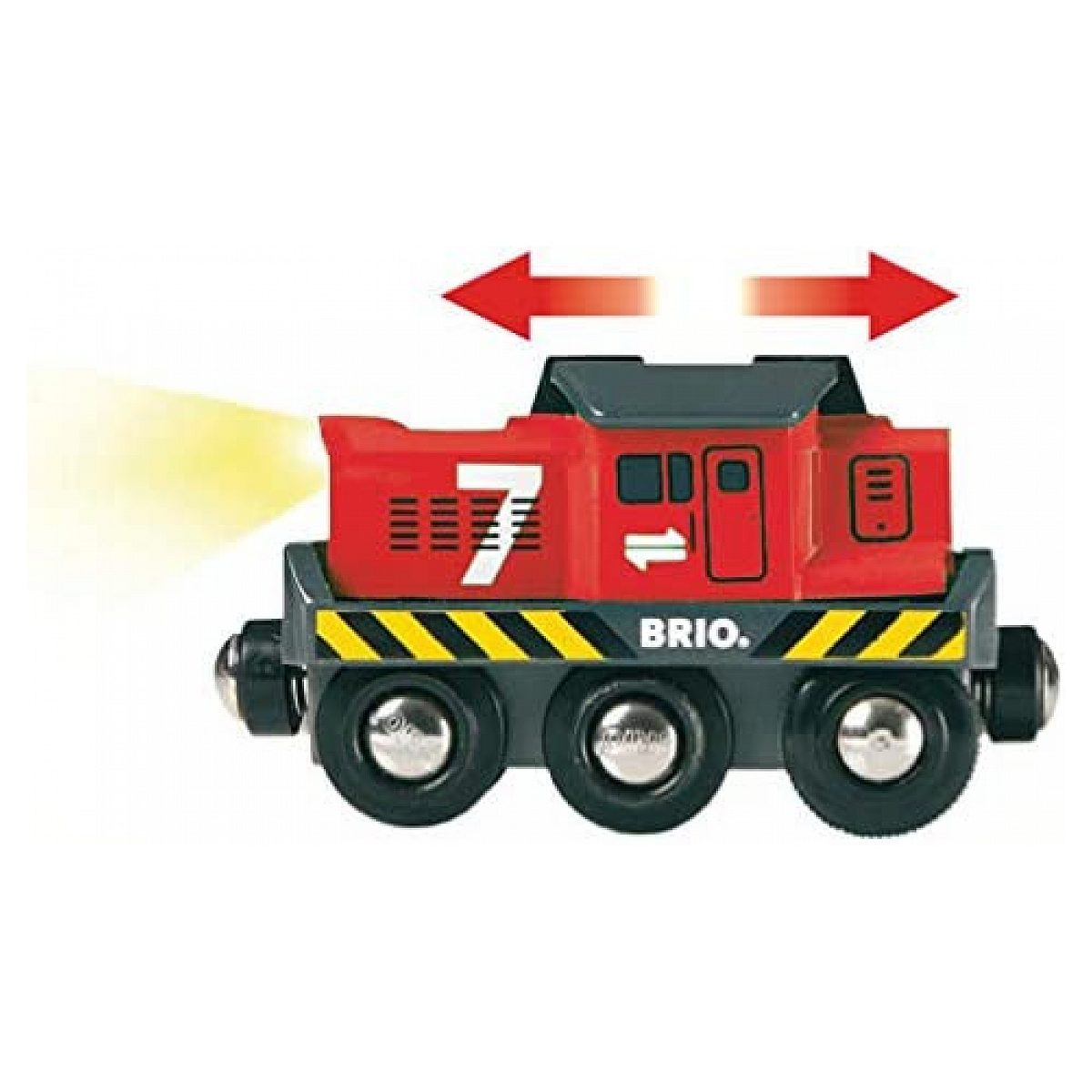 Eine rote Brio-Lokomotive mit drei schwarzen Rädern und leuchtendem Scheinwerfer.