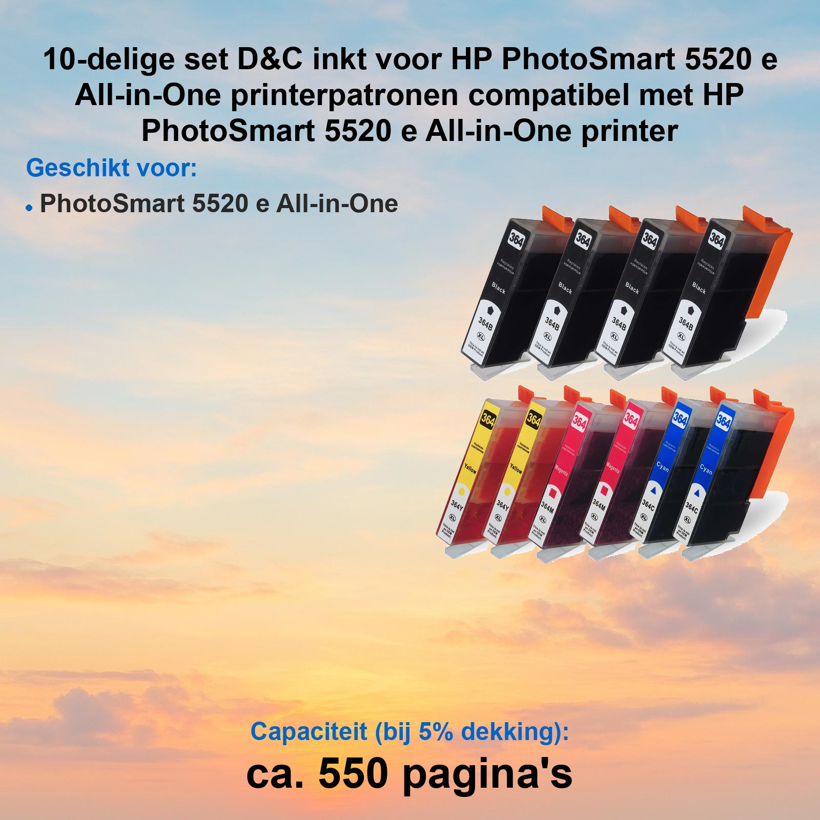 Set mit 10 Druckerpatronen für HP PhotoSmart 5520 e, mit schwarzem und farbigem Ink.