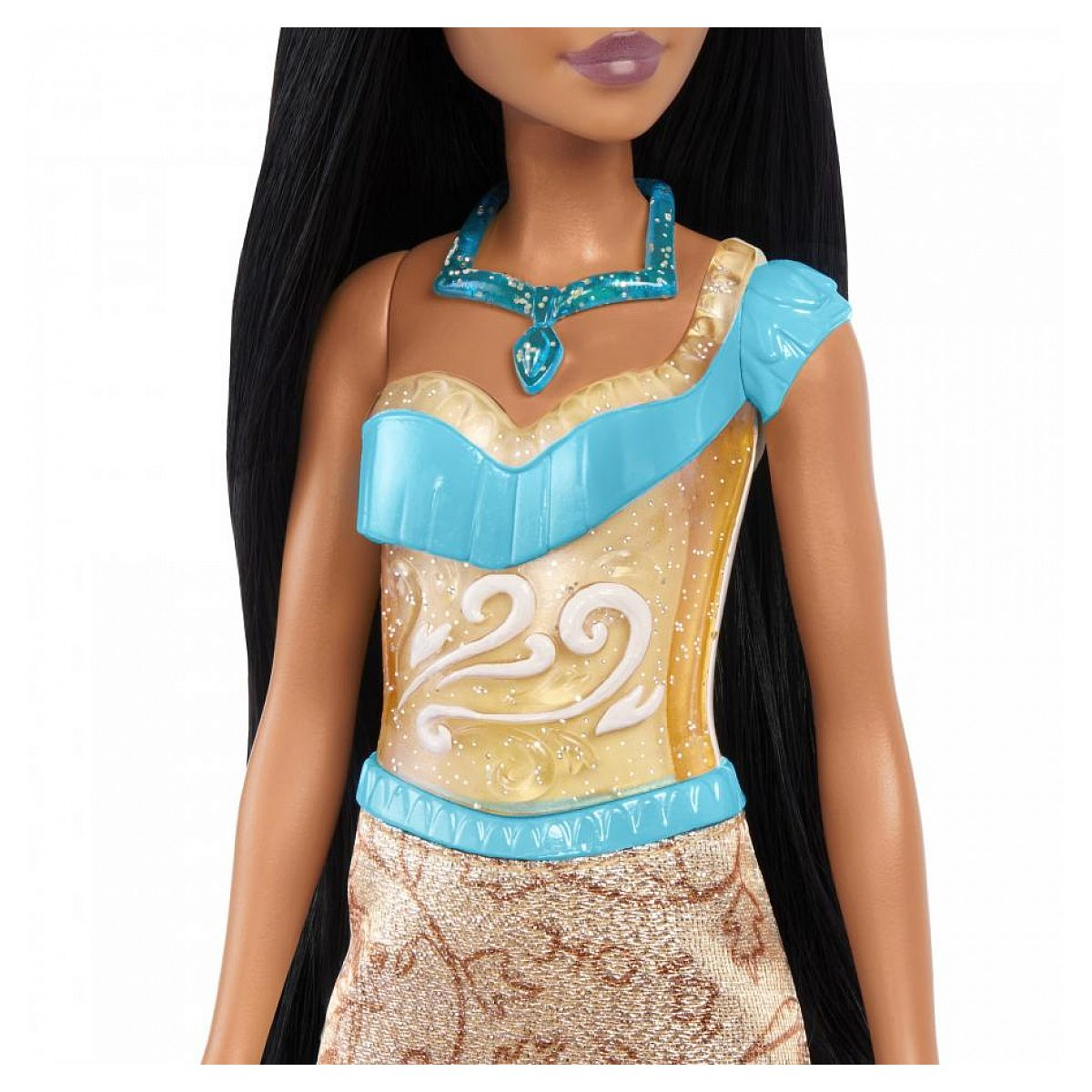 Eine Puppe mit glitzerndem gelb-blauem Outfit, passender Kette und langen schwarzen Haaren.