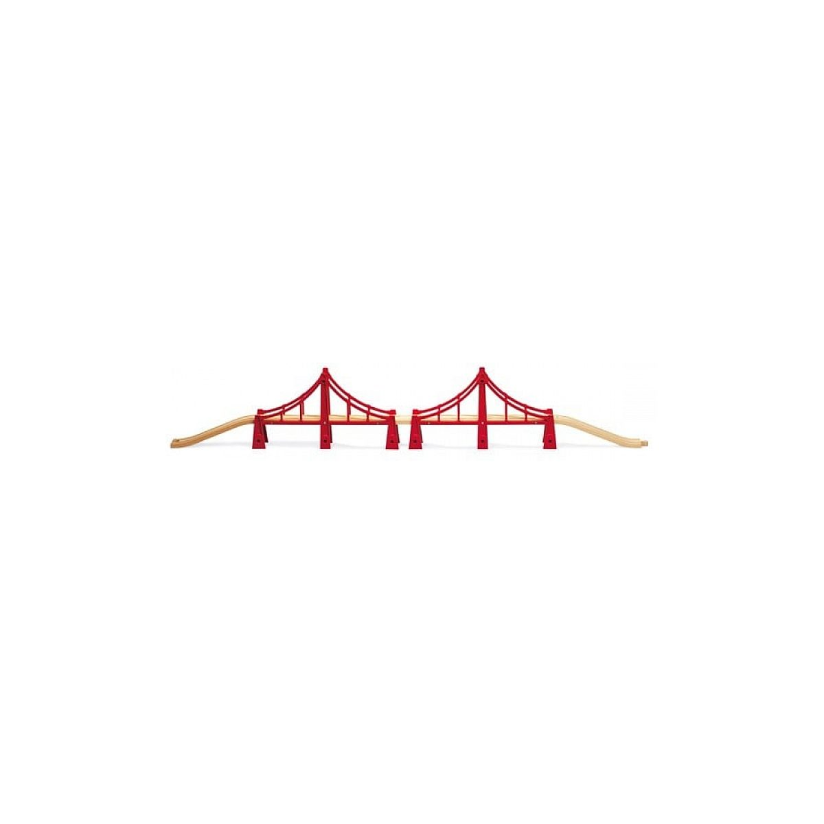 Eine rote Spielzeugbrücke mit Holzschienen auf weißem Hintergrund.